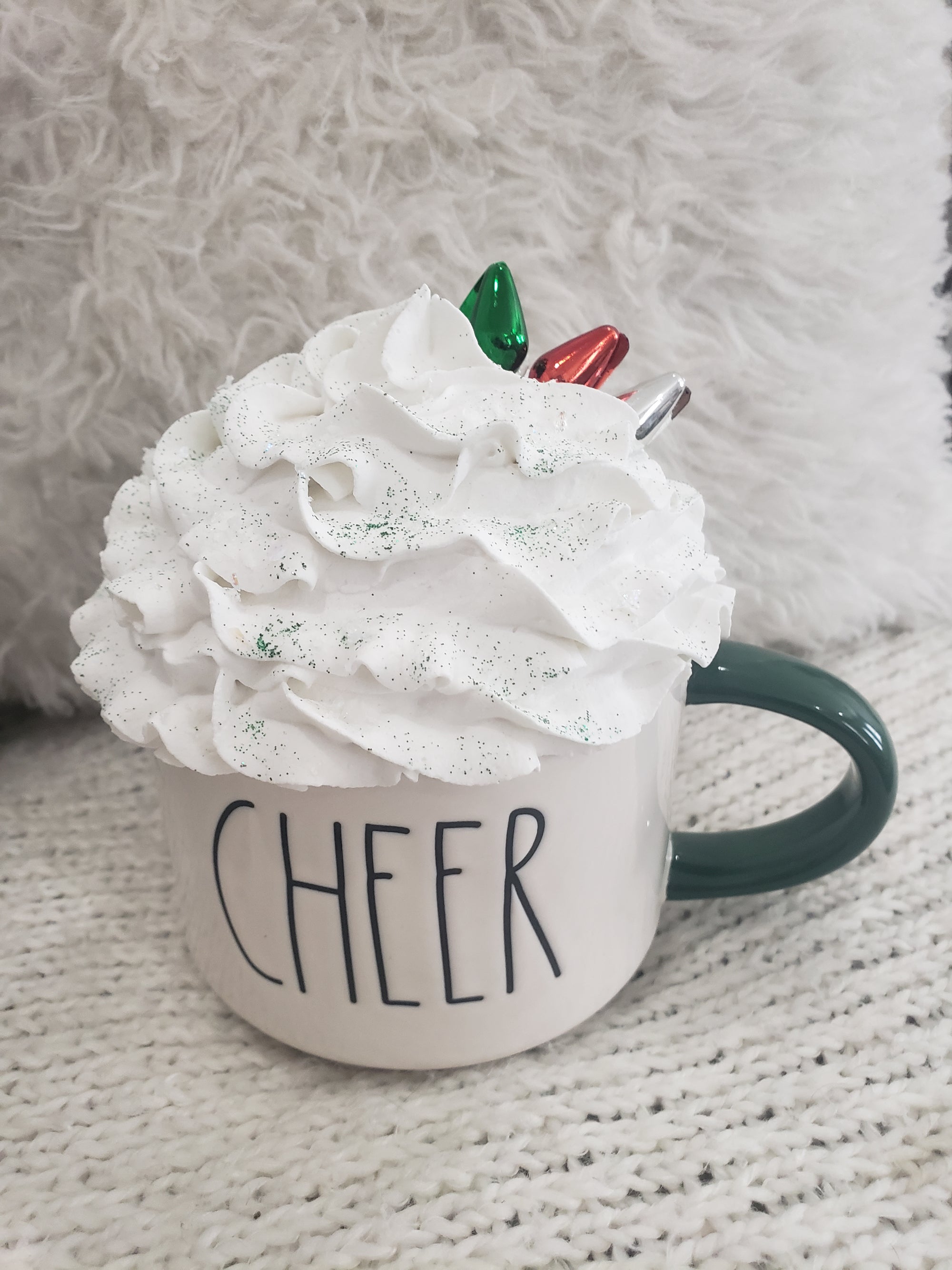 Rae Dunn "Cheer" Double Sided Christmas Tree Mug & Pip Posh Design Faux Sweet Décor White Whipped Topper Holiday Collection