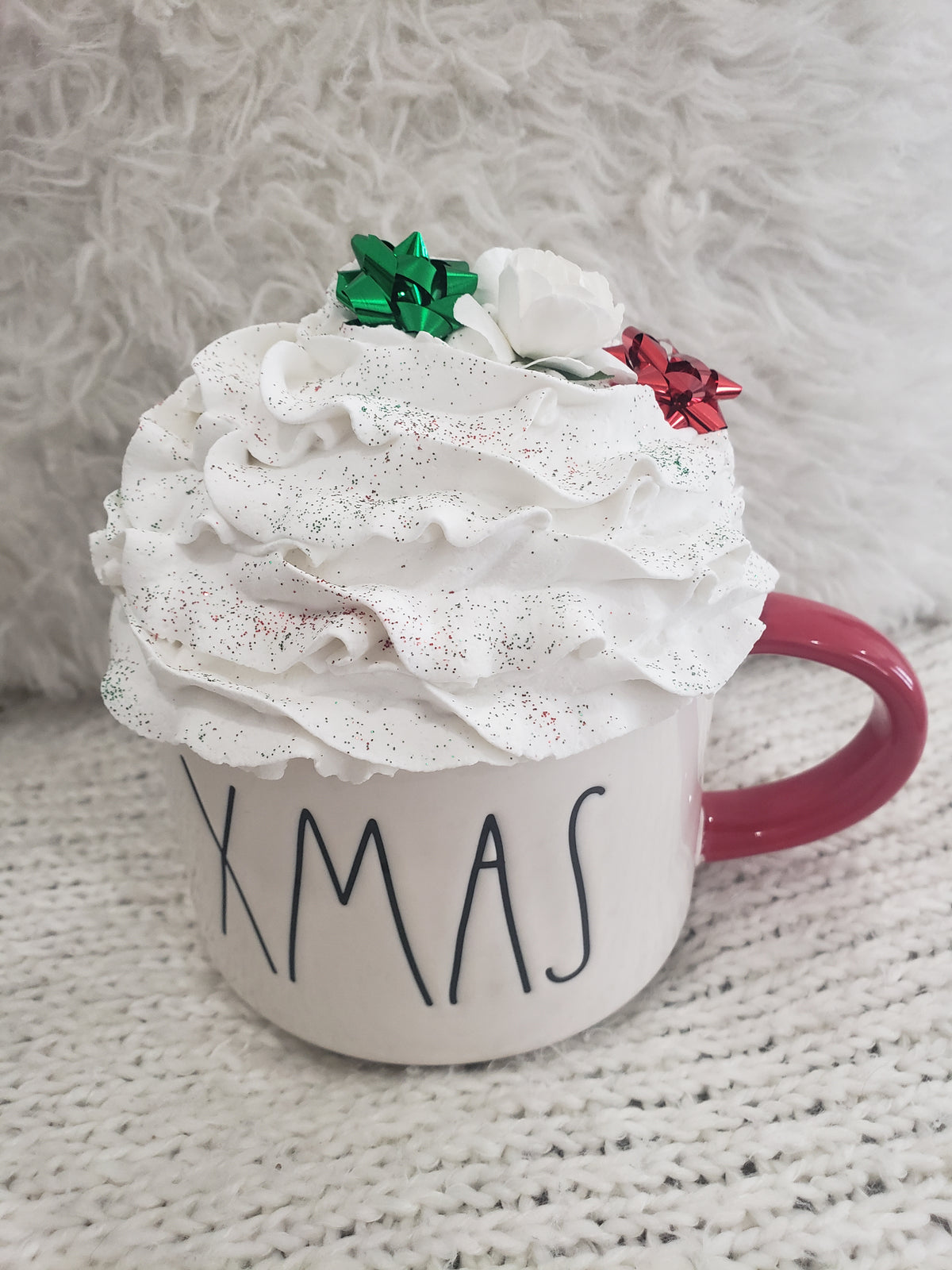 Rae Dunn &quot;Xmas&quot; Double Sided Santa Mug &amp; Pip Posh Faux Décor White Whipped Topper Holiday Collection