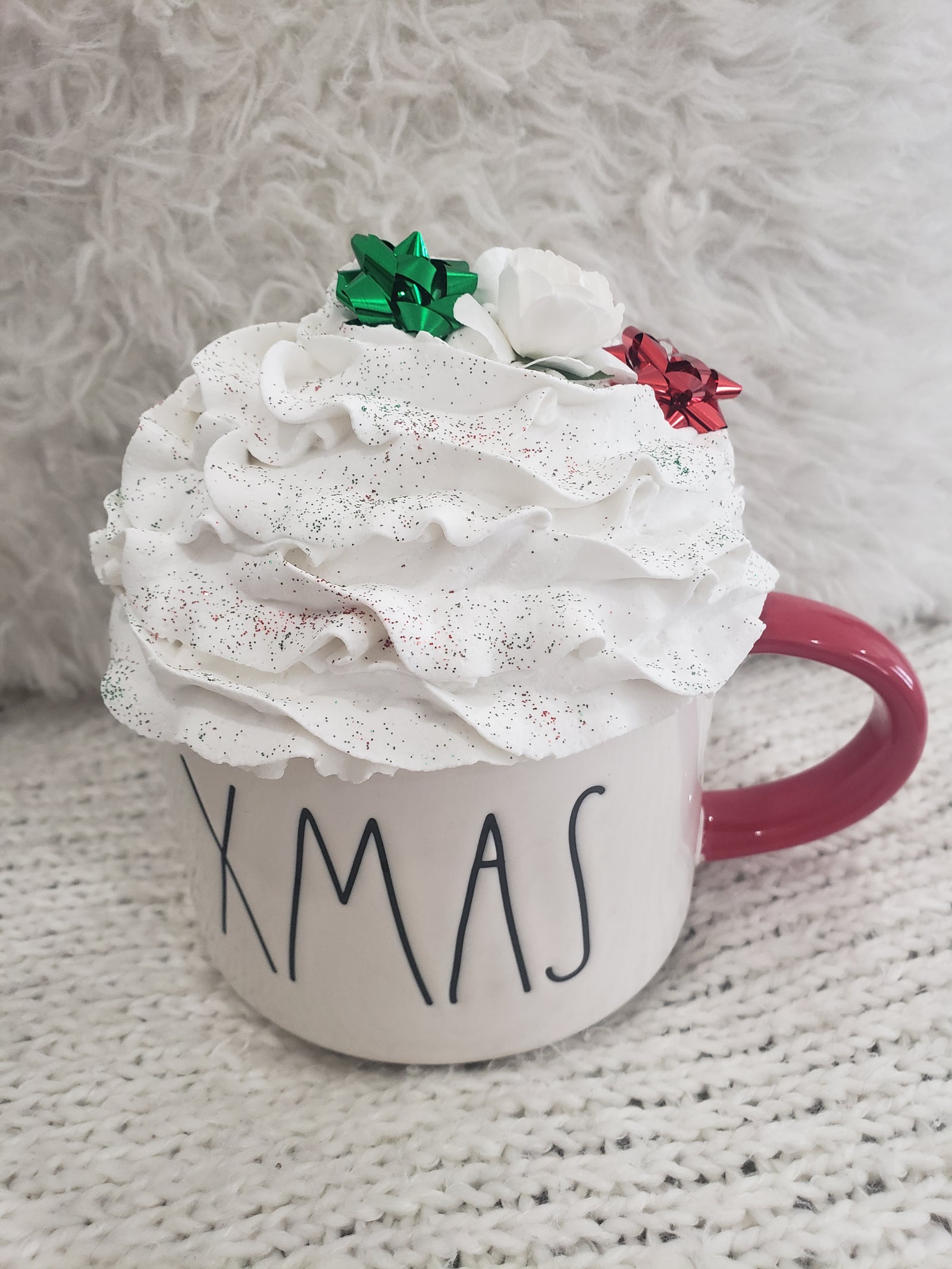 Rae Dunn "Xmas" Double Sided Santa Mug & Pip Posh Faux Décor White Whipped Topper Holiday Collection