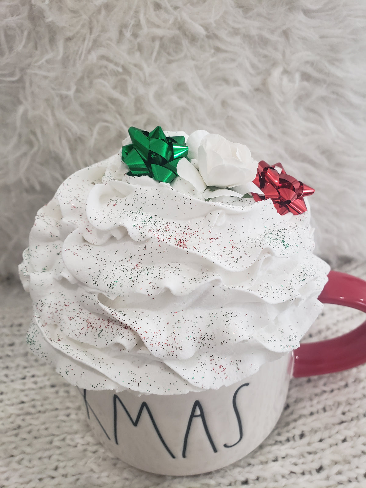 Rae Dunn &quot;Xmas&quot; Double Sided Santa Mug &amp; Pip Posh Faux Décor White Whipped Topper Holiday Collection