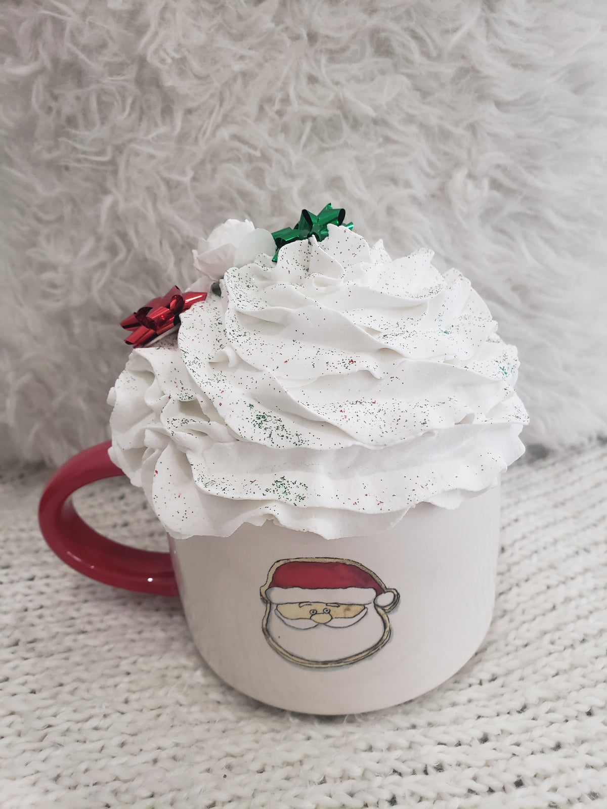 Rae Dunn &quot;Xmas&quot; Double Sided Santa Mug &amp; Pip Posh Faux Décor White Whipped Topper Holiday Collection