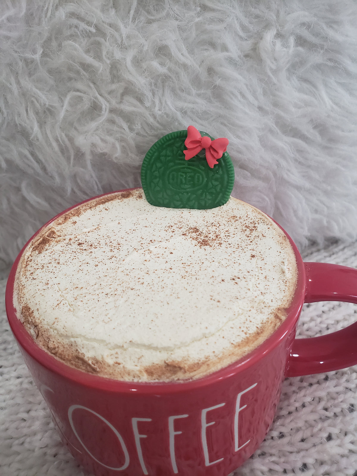 Rae Dunn &quot;Coffee&quot; Red Mug &amp; Pip Posh Design Faux Sweet Décor Frothy Coffee Oreo Cookie Topper Holiday Collection