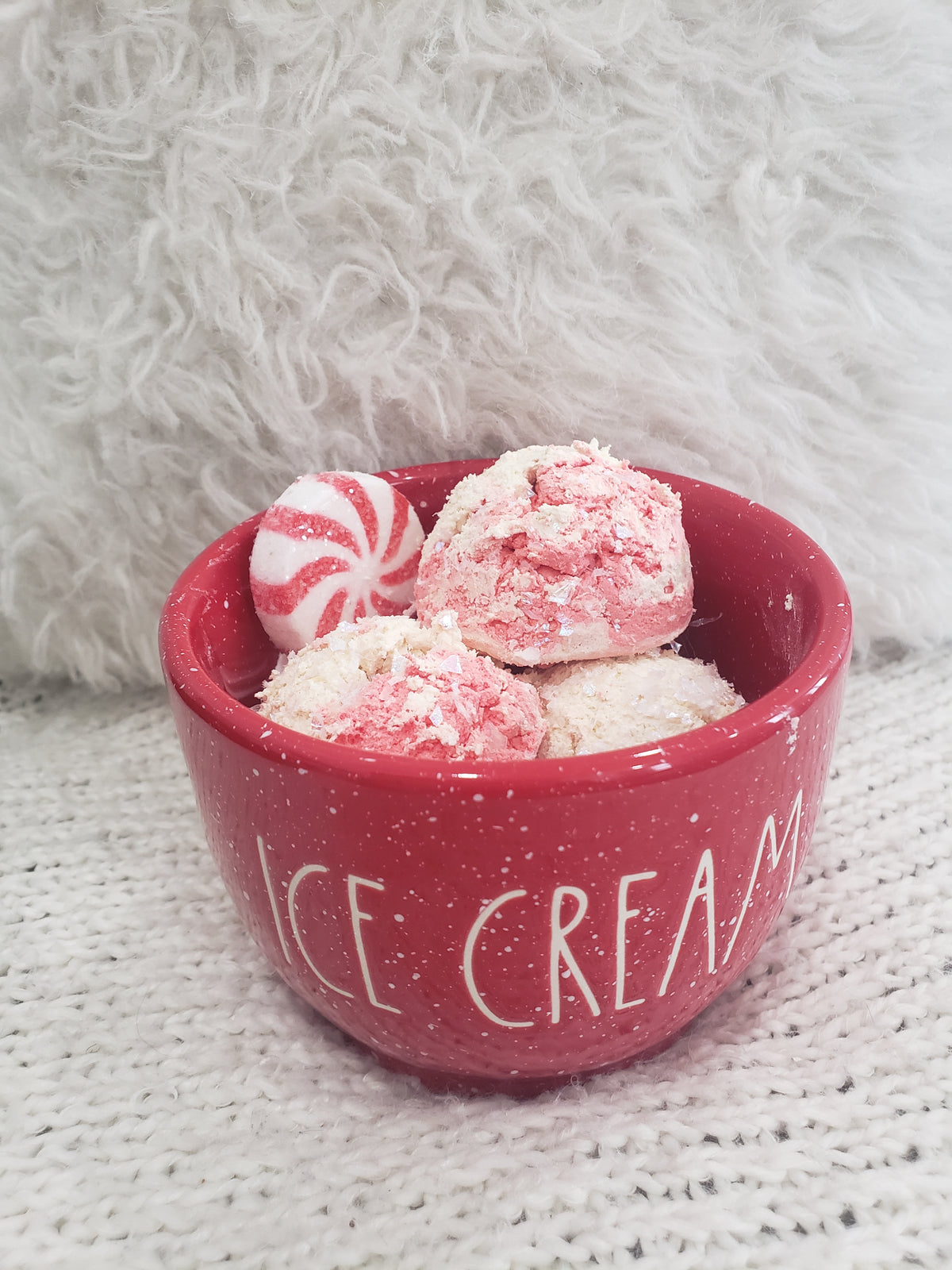 Rae Dunn &quot;Ice Cream&quot; Red Speckled Bowl &amp; Pip Posh Design Faux Sweet Décor Vanilla Peppermint Ice Cream Bowl Holiday Collection