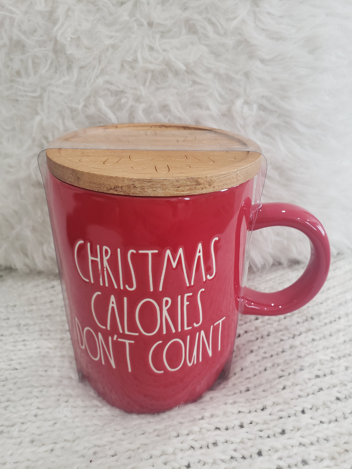 Rae Dunn &quot;Christmas Calories Don&#39;t Count&quot; Red Mug &amp; Woodend Lid Warmer Holiday Collection