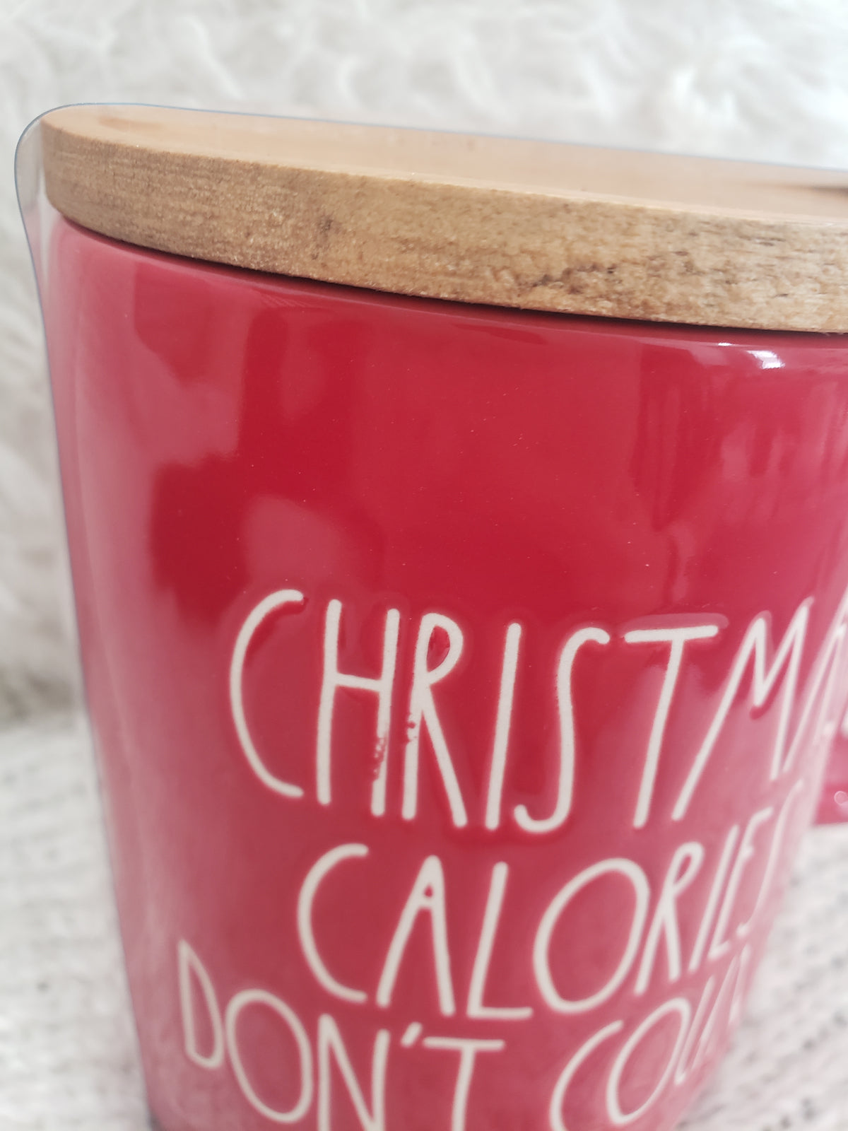 Rae Dunn &quot;Christmas Calories Don&#39;t Count&quot; Red Mug &amp; Woodend Lid Warmer Holiday Collection