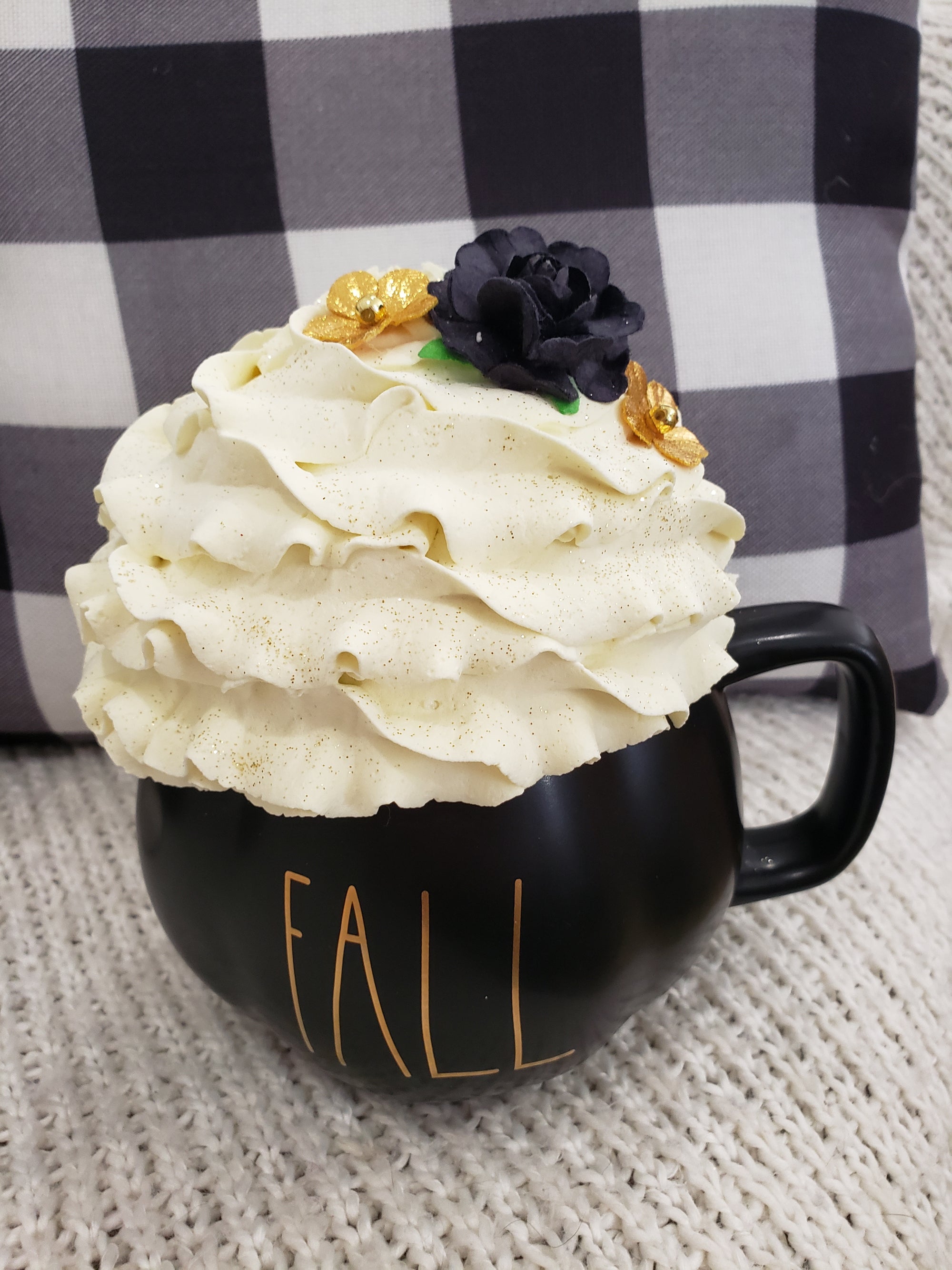 Rae Dunn "Fall" Black Pumpkin Mug & Pip Posh Design Faux Sweet Décor Ivory Whipped Topper Fall Collection