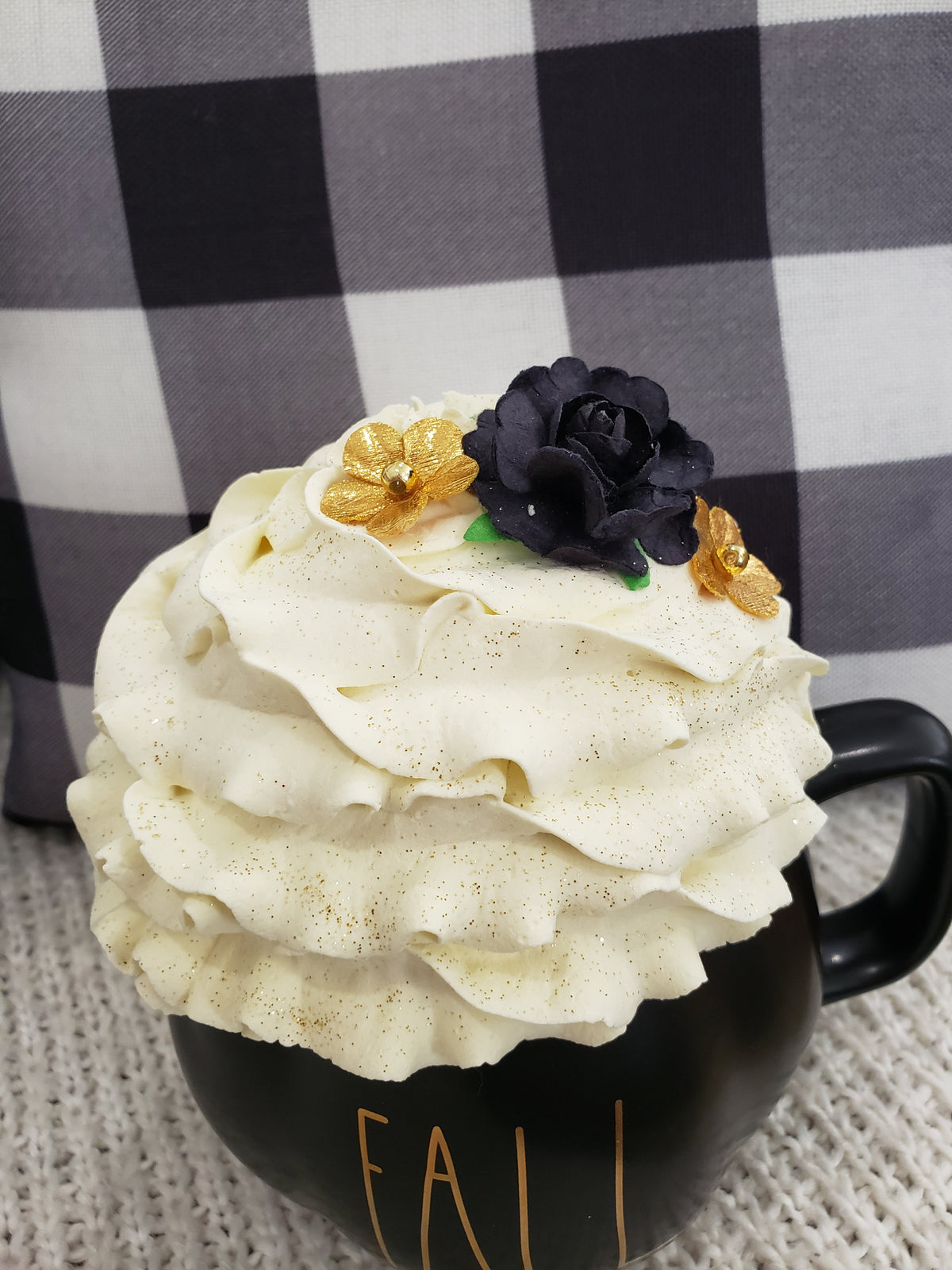 Rae Dunn &quot;Fall&quot; Black Pumpkin Mug &amp; Pip Posh Design Faux Sweet Décor Ivory Whipped Topper Fall Collection