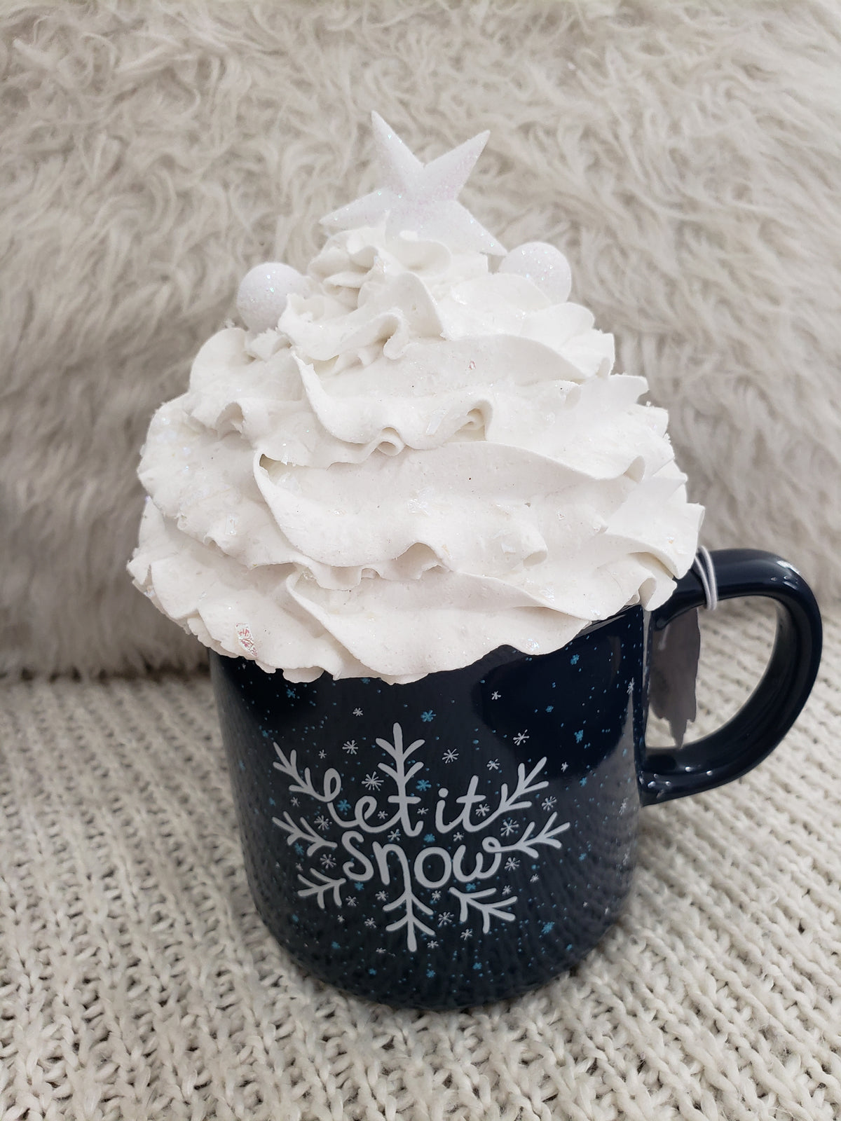 Pip Posh Design Faux Sweet Décor &quot; Let It Snow&quot; Mug &amp; White Whipped Star Topper Holiday Collection