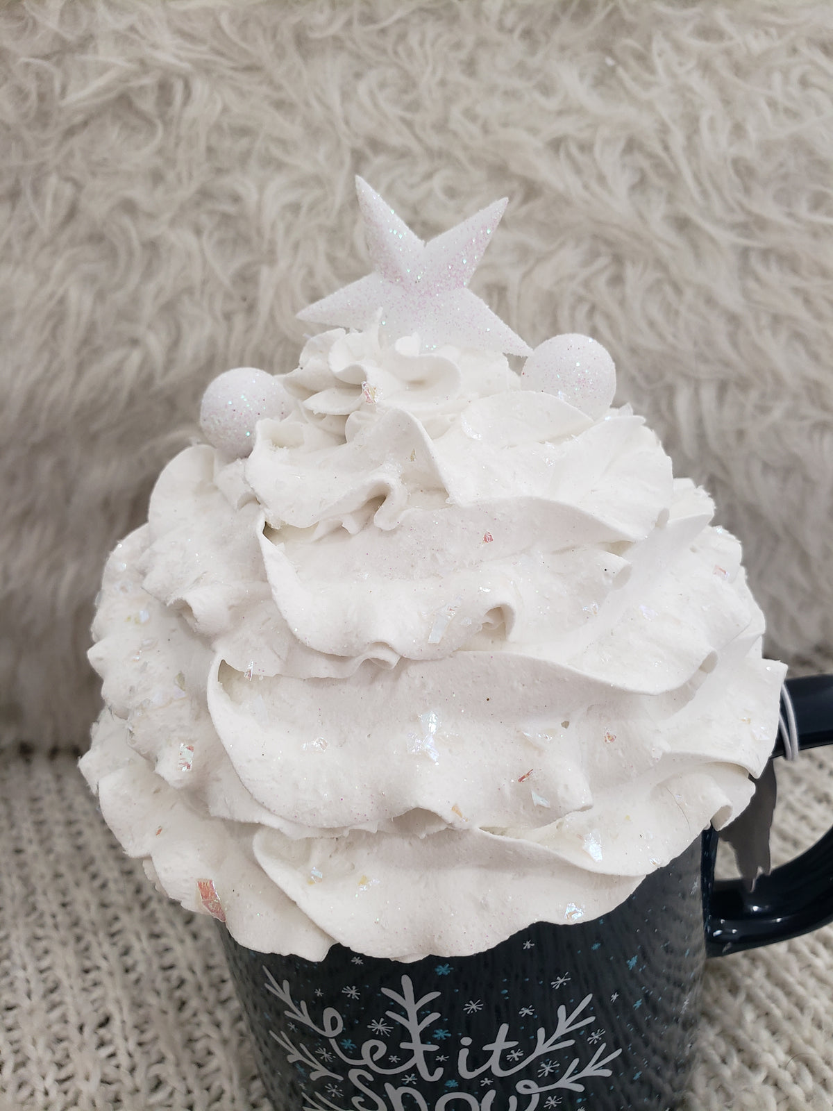 Pip Posh Design Faux Sweet Décor &quot; Let It Snow&quot; Mug &amp; White Whipped Star Topper Holiday Collection