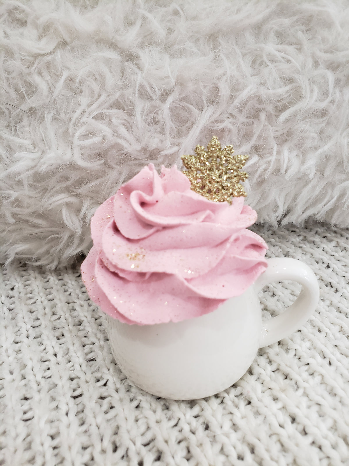 Pip Posh Design Faux Sweet Décor Mini White Mug &amp; Whipped Pink Golden Snowflake Topper Holiday Collection