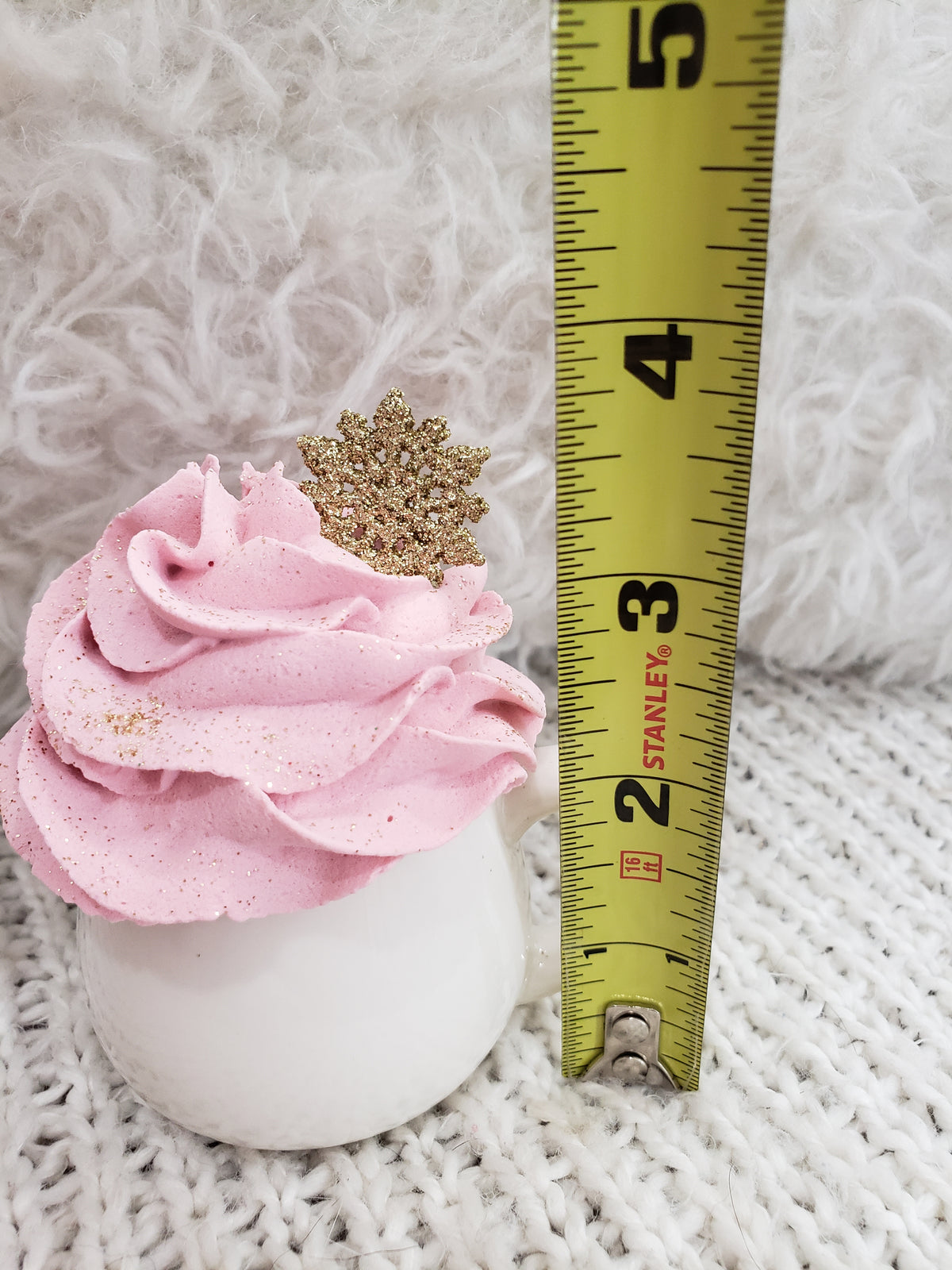 Pip Posh Design Faux Sweet Décor Mini White Mug &amp; Whipped Pink Golden Snowflake Topper Holiday Collection