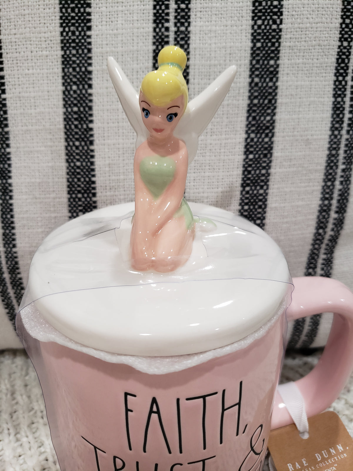 Rae Dunn &quot;Faith, Trust, &amp; Pixie Dust&quot; Pink Mug Tinker Bell Mug Topper Disney&#39;s Peter Pan Collection