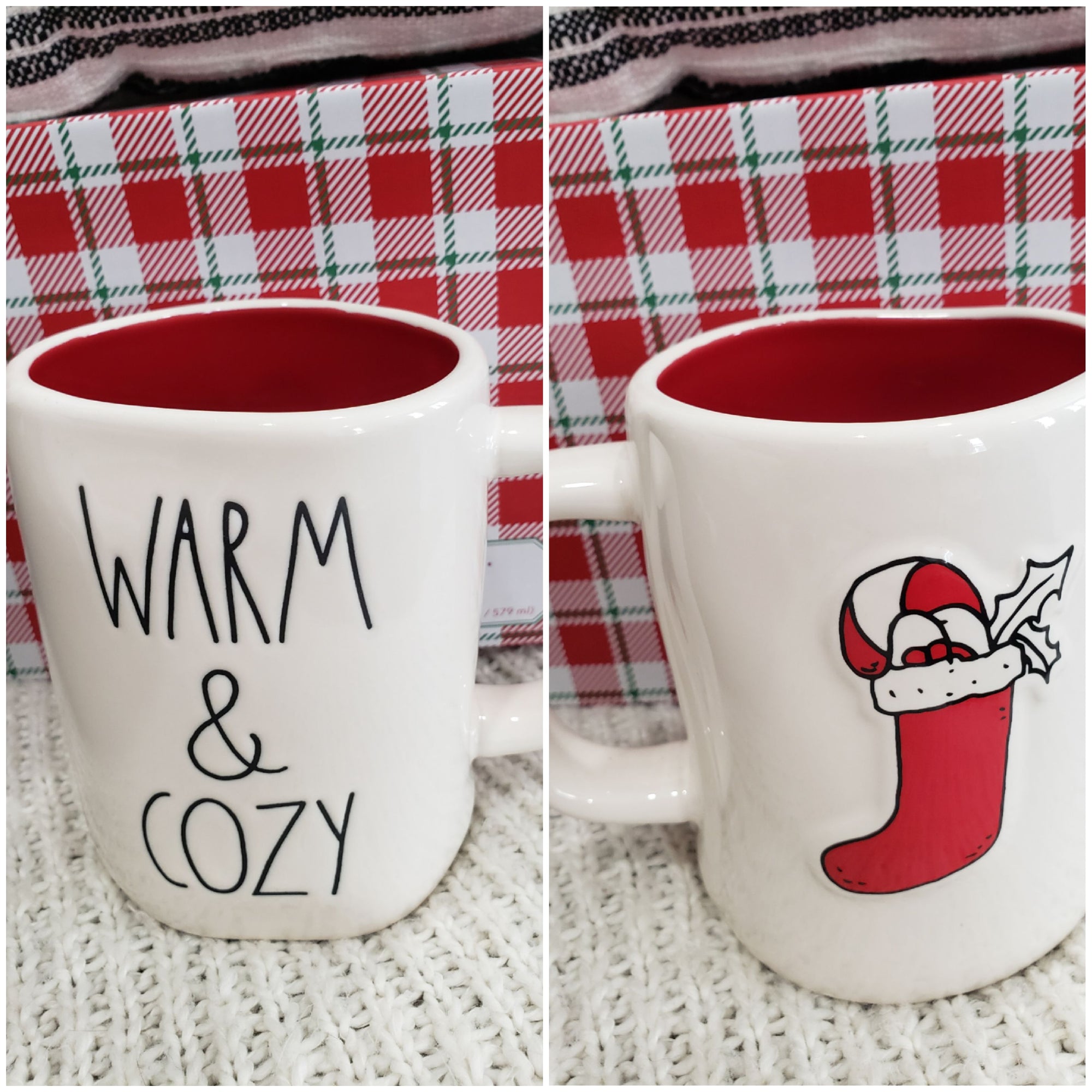 Rae Dunn "Warm & Cozy" Peppermint Stocking Double Sided Mug Holiday Collection