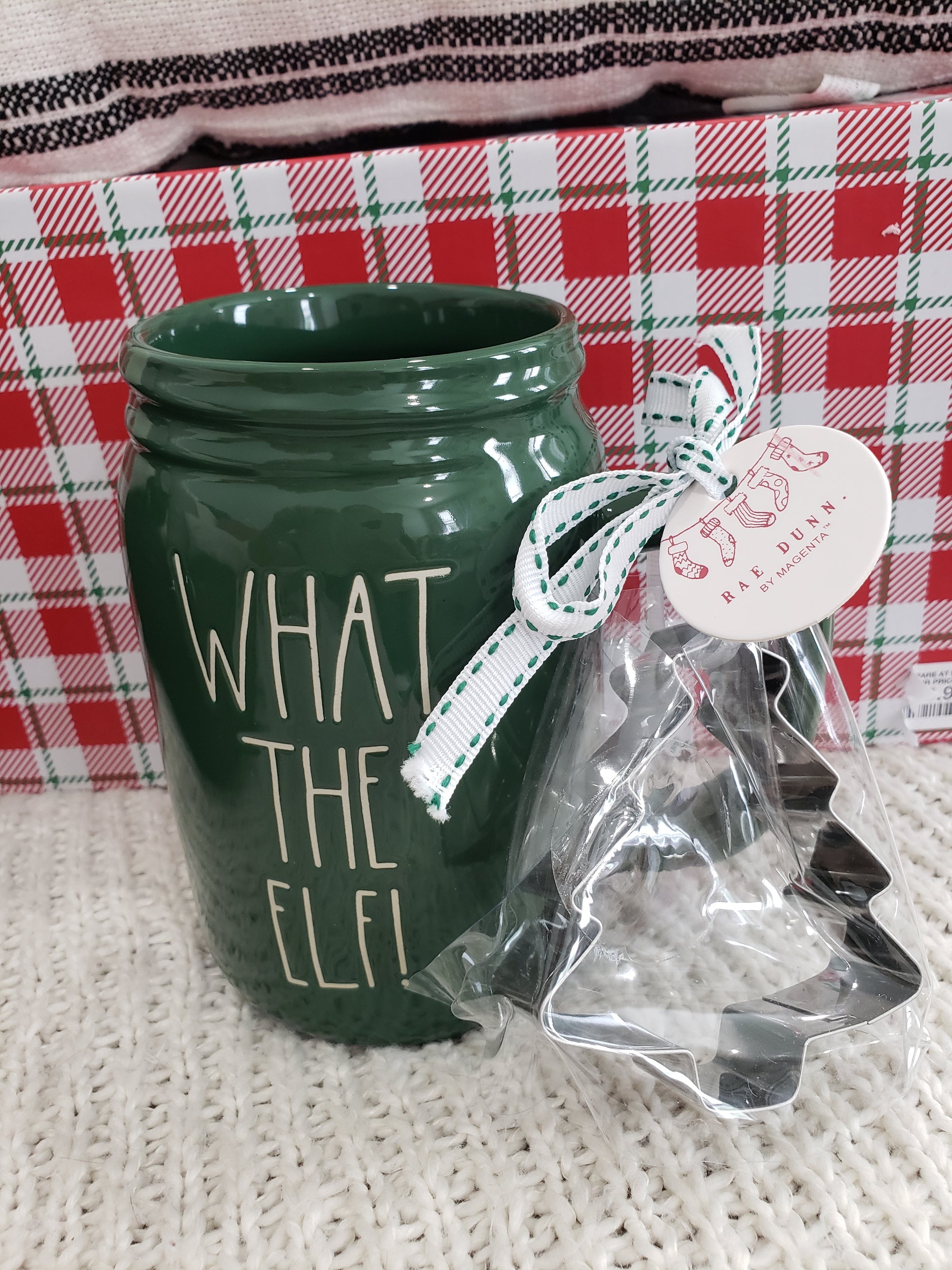 Rae Dunn "What The Elf!" Green Mason Jar Mug & Christmas Tree Cookie Cutter Holiday Collection