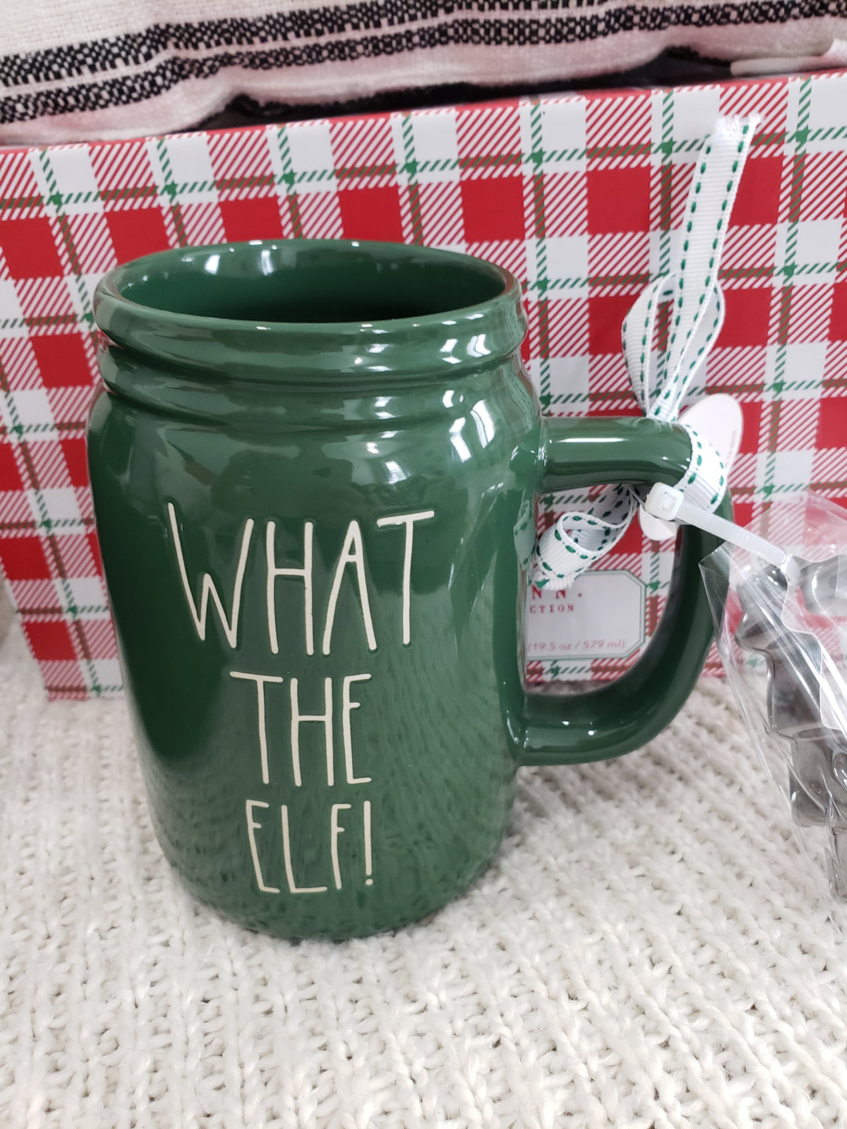 Rae Dunn &quot;What The Elf!&quot; Green Mason Jar Mug &amp; Christmas Tree Cookie Cutter Holiday Collection