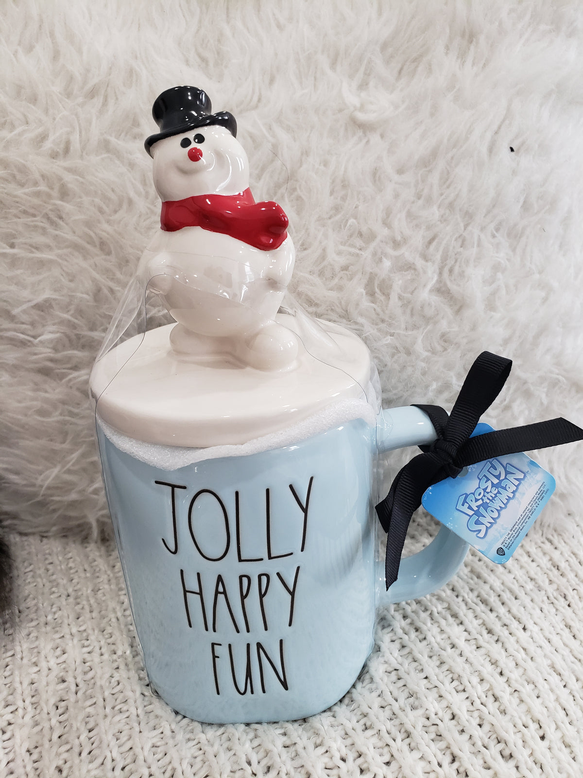 Rae Dunn &quot;Jolly Happy Fun&quot; Powder Blue Mug &amp; Frosty The Snowman Mug Topper Holiday Collection