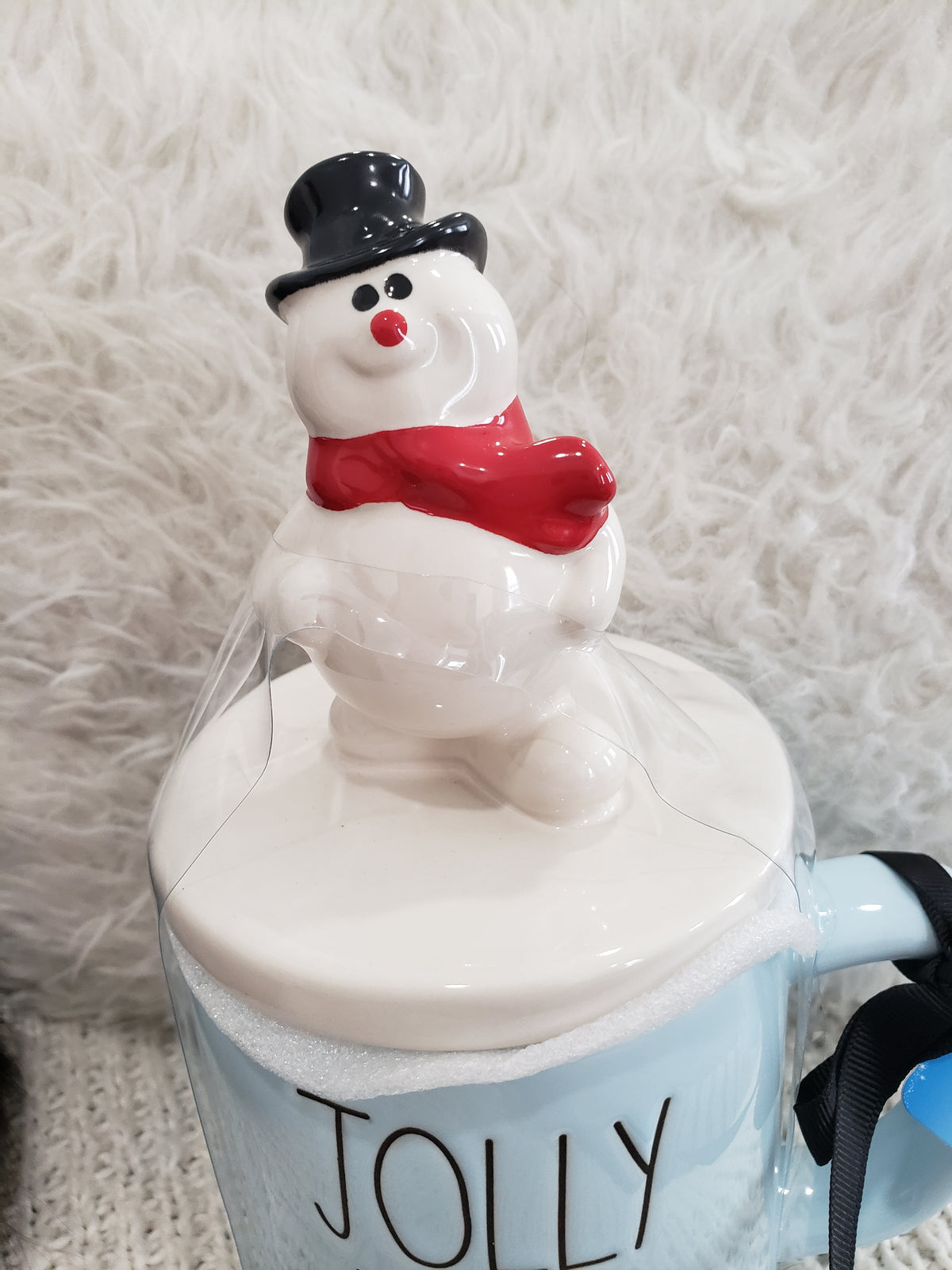 Rae Dunn &quot;Jolly Happy Fun&quot; Powder Blue Mug &amp; Frosty The Snowman Mug Topper Holiday Collection