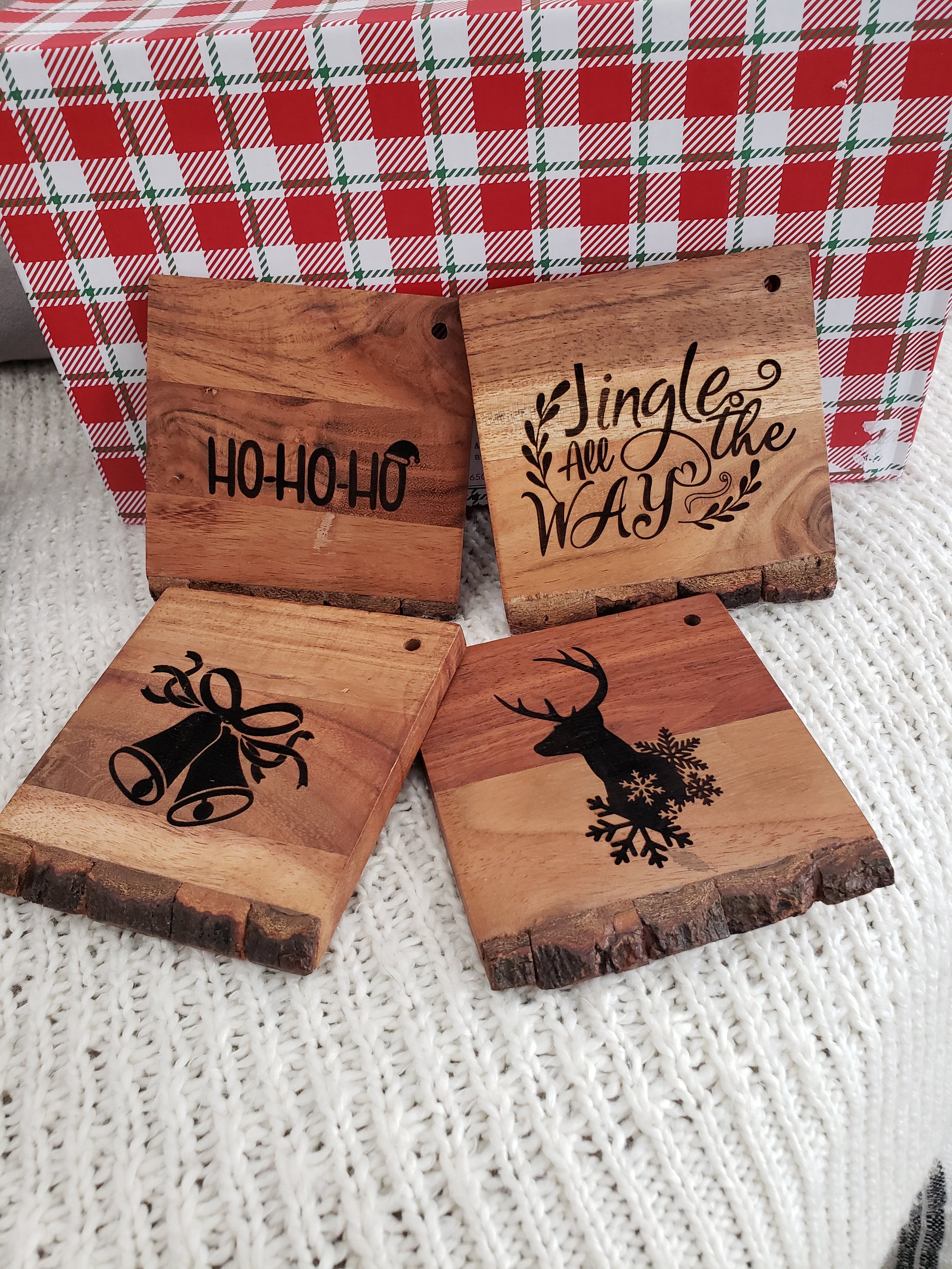 Pip Posh Design "Ho Ho Ho, Jingle All The Way, Bells, Reindeer" Wooden Coaster Holiday Collection Set of 4