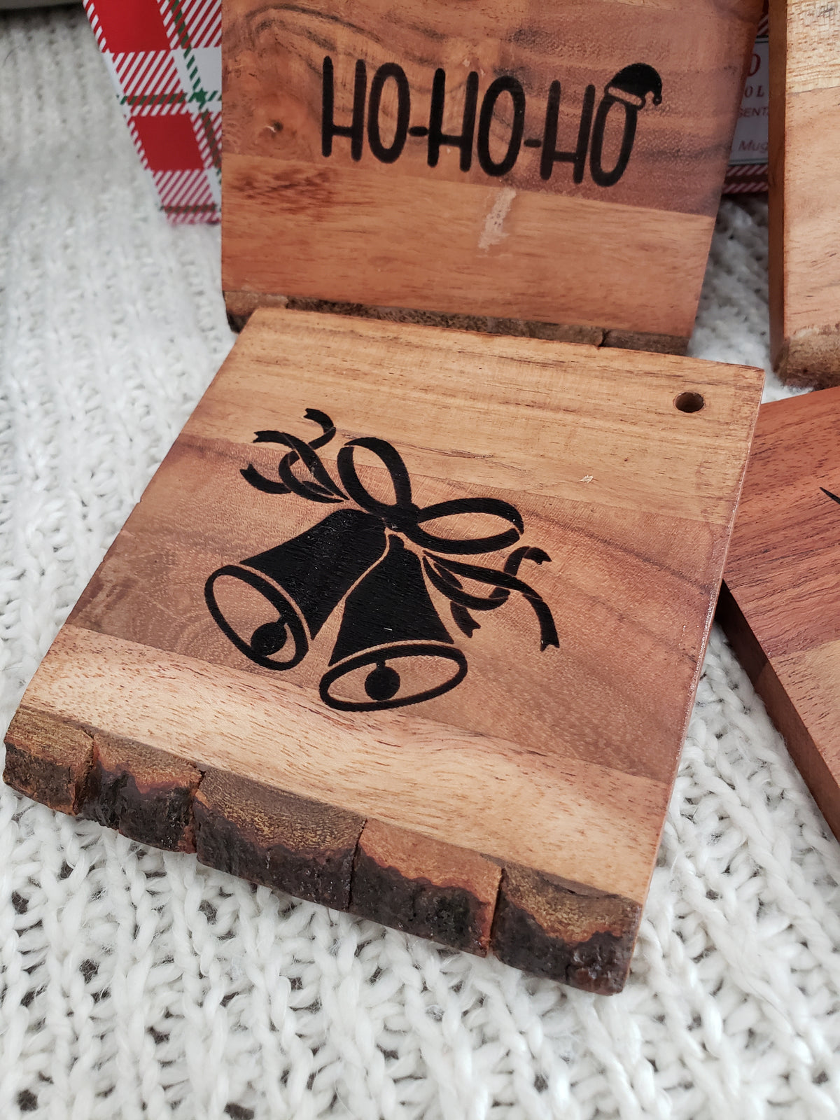 Pip Posh Design &quot;Ho Ho Ho, Jingle All The Way, Bells, Reindeer&quot; Wooden Coaster Holiday Collection Set of 4