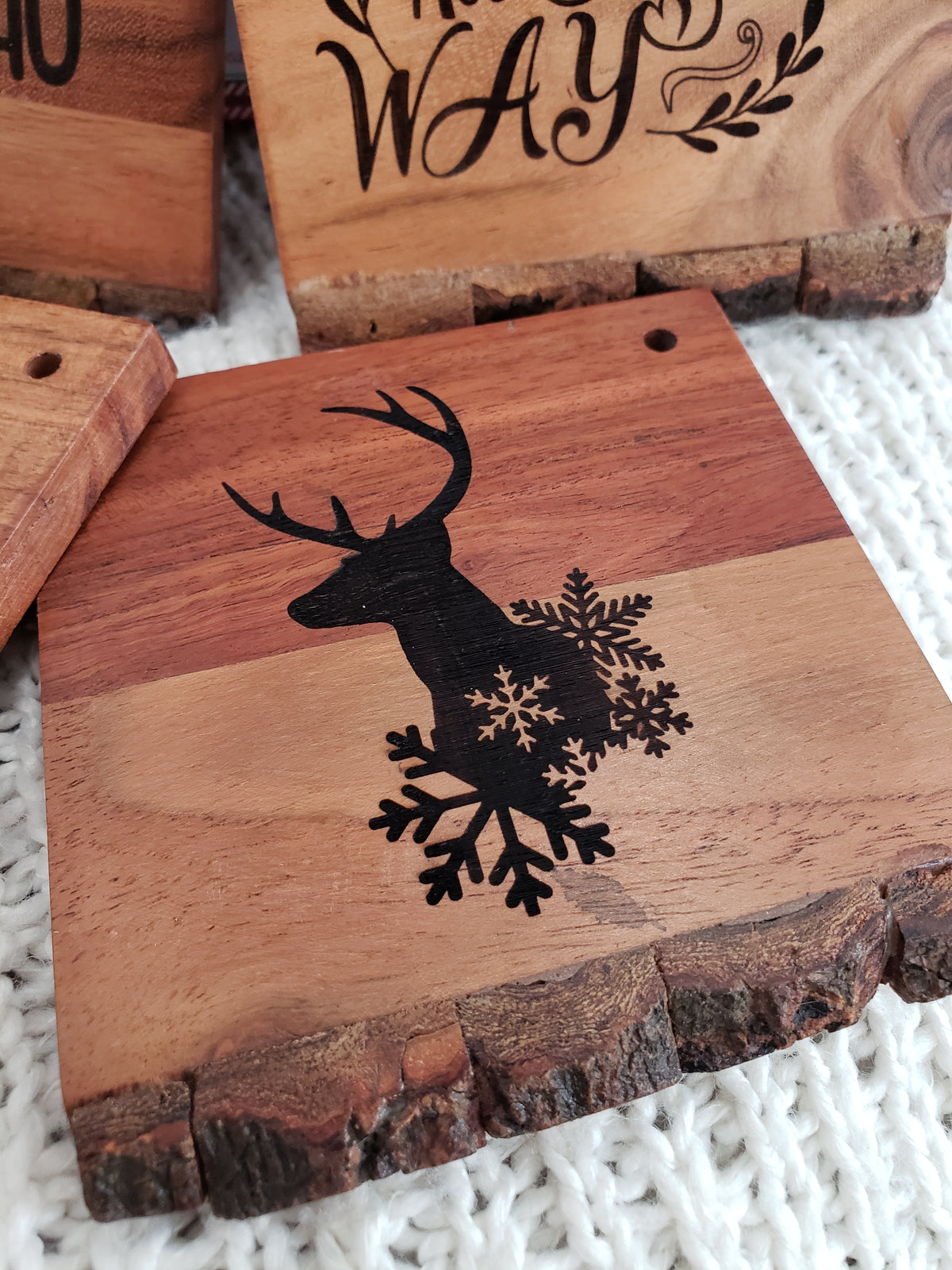 Pip Posh Design &quot;Ho Ho Ho, Jingle All The Way, Bells, Reindeer&quot; Wooden Coaster Holiday Collection Set of 4