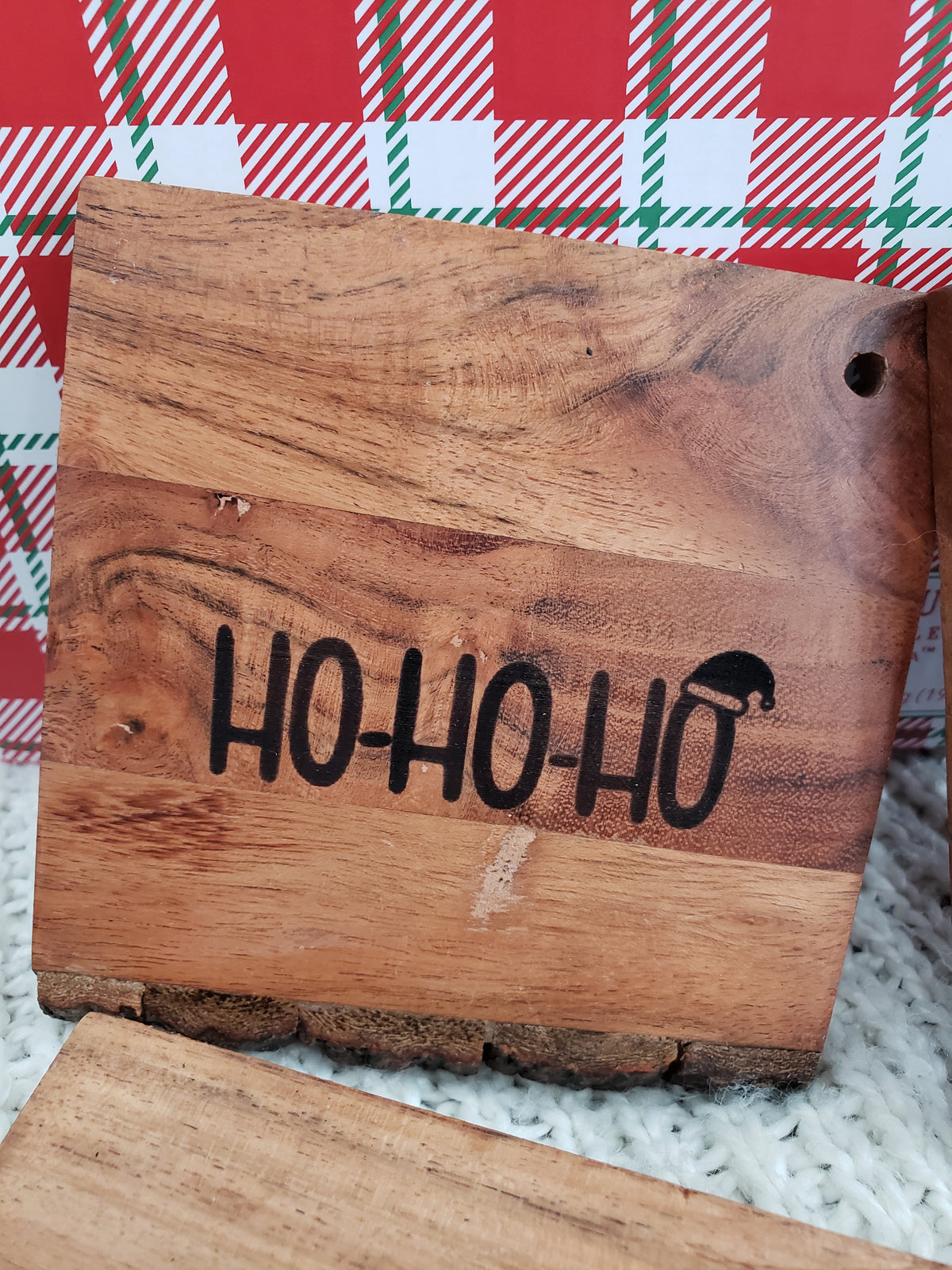 Pip Posh Design &quot;Ho Ho Ho, Jingle All The Way, Bells, Reindeer&quot; Wooden Coaster Holiday Collection Set of 4
