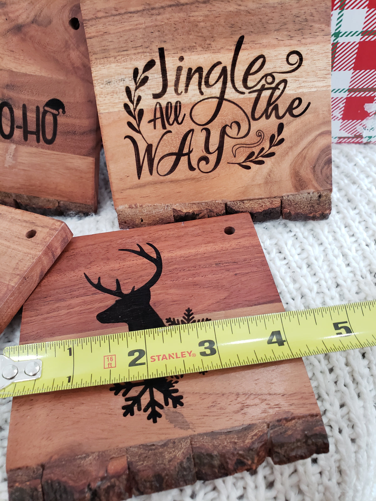 Pip Posh Design &quot;Ho Ho Ho, Jingle All The Way, Bells, Reindeer&quot; Wooden Coaster Holiday Collection Set of 4