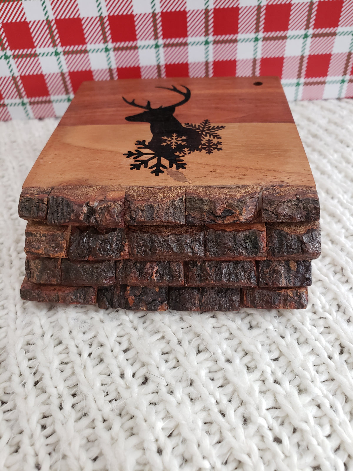 Pip Posh Design &quot;Ho Ho Ho, Jingle All The Way, Bells, Reindeer&quot; Wooden Coaster Holiday Collection Set of 4