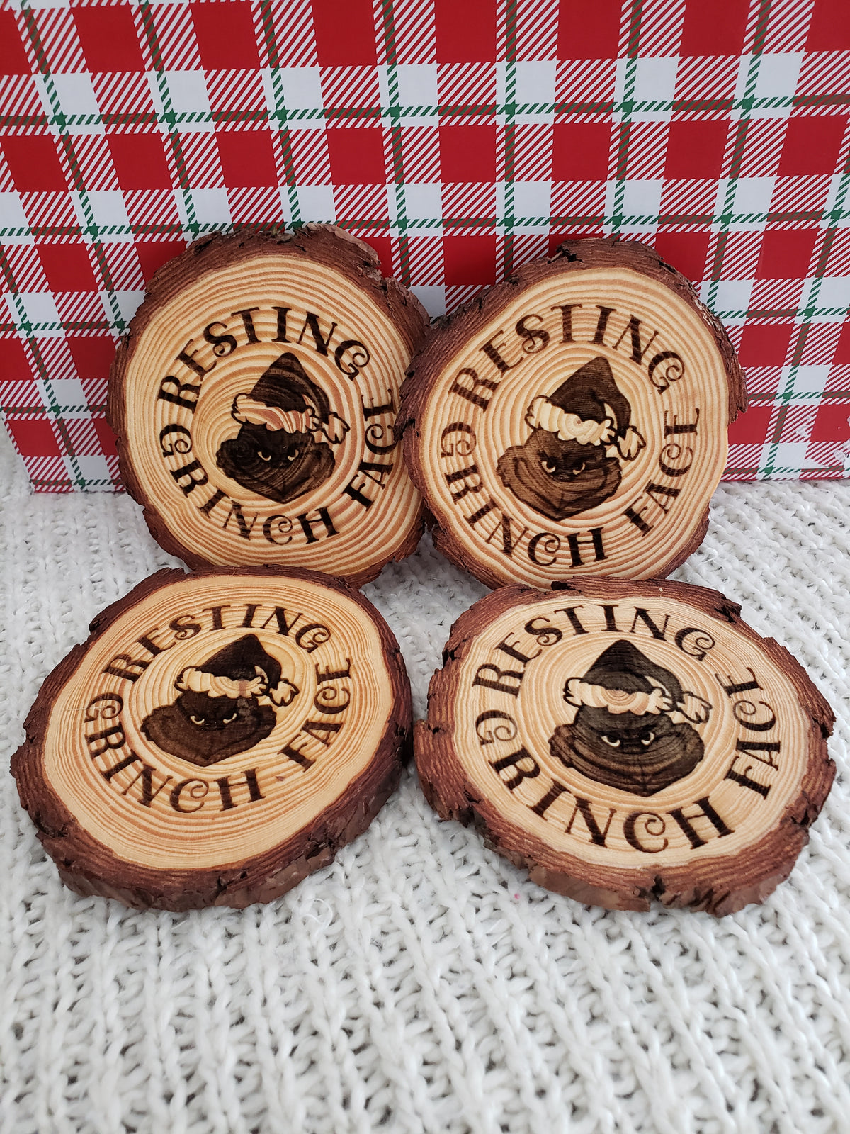 Pip Posh Design &quot;Resting Grinch Face&quot; Wooden Coasters Holiday Collection Set of 4