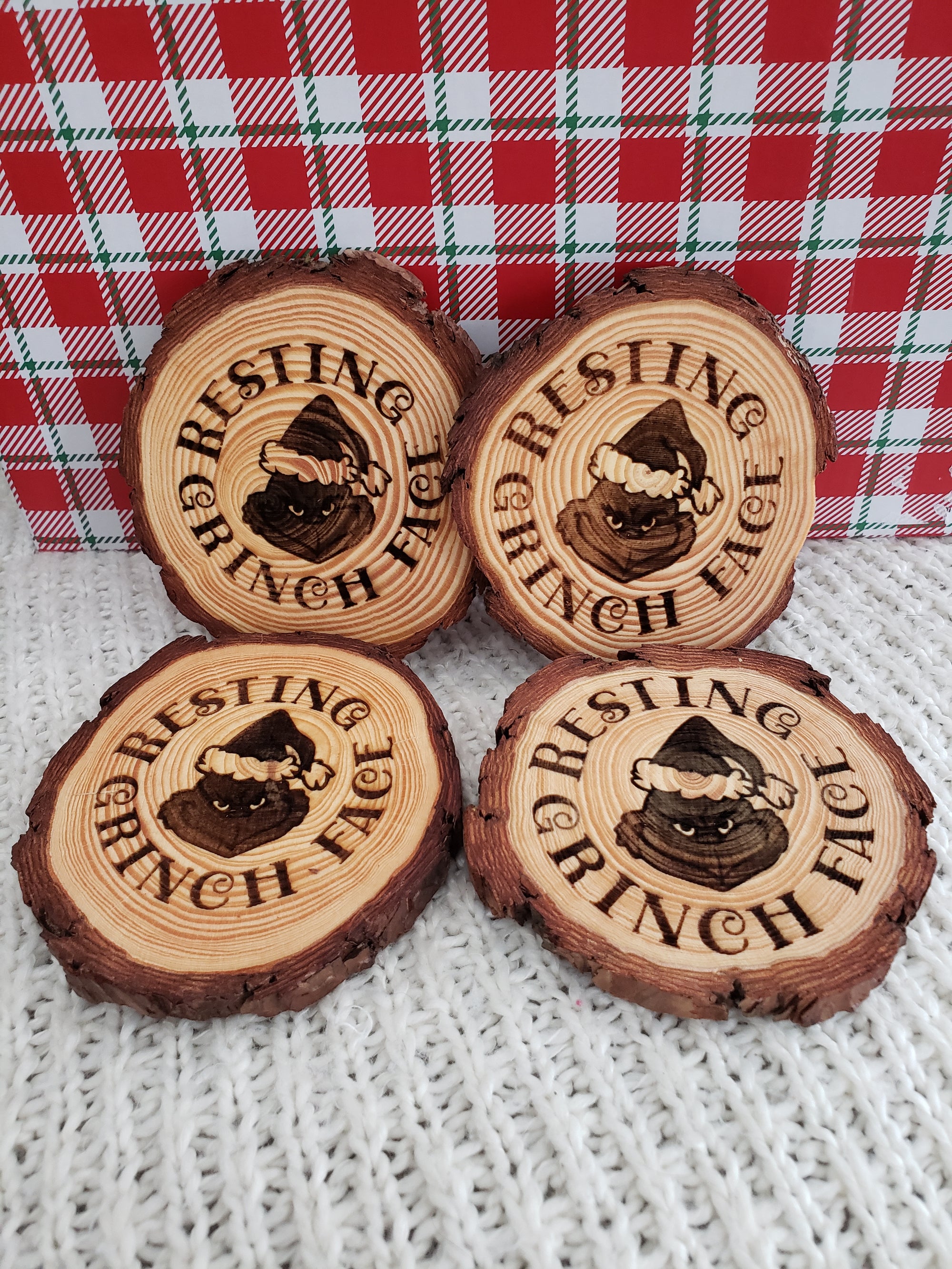 Pip Posh Design "Resting Grinch Face" Wooden Coasters Holiday Collection Set of 4