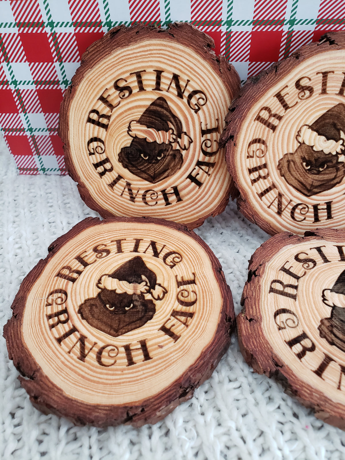 Pip Posh Design &quot;Resting Grinch Face&quot; Wooden Coasters Holiday Collection Set of 4