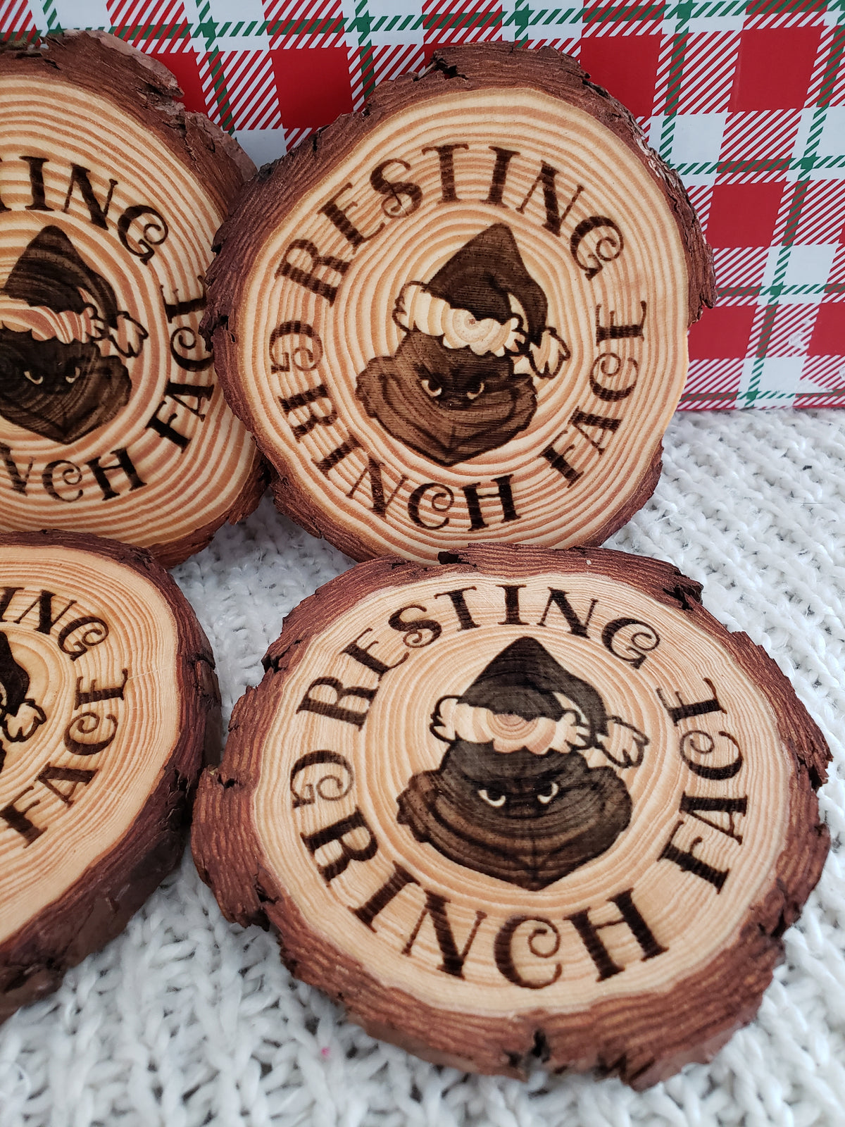 Pip Posh Design &quot;Resting Grinch Face&quot; Wooden Coasters Holiday Collection Set of 4