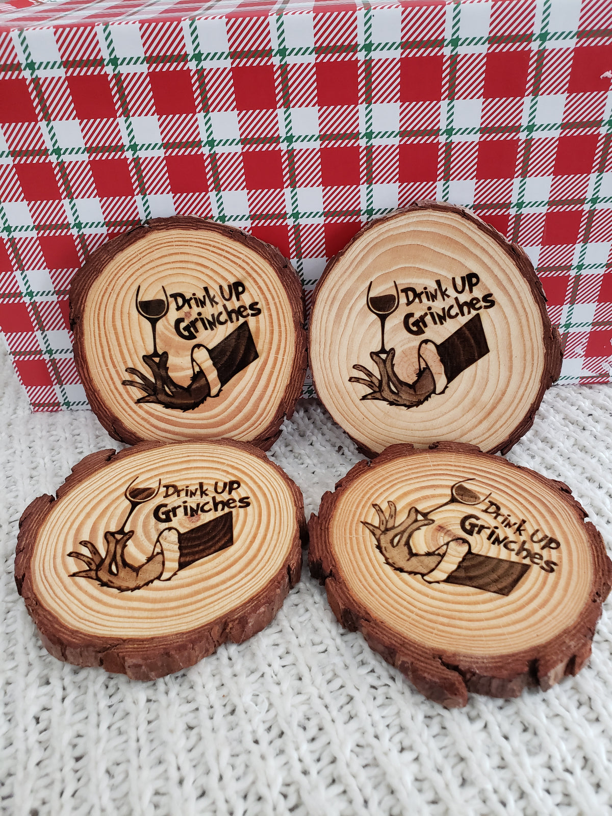Pip Posh Design &quot;Drink Up Grinches&quot; Decorative Wooden Coaster Holiday Collection Set of 4