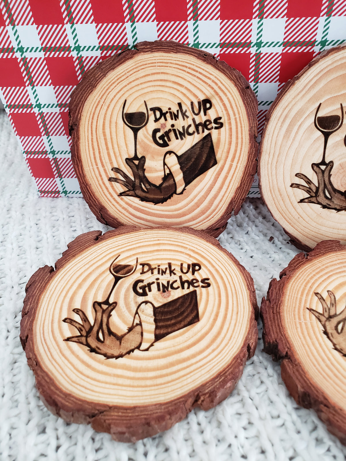 Pip Posh Design &quot;Drink Up Grinches&quot; Decorative Wooden Coaster Holiday Collection Set of 4