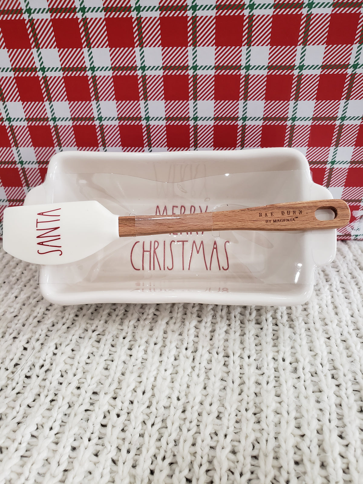 Rae Dunn &quot;Merry Christmas&quot; White Mini Loaf Pan &amp; Santa Spatula Holiday Collection
