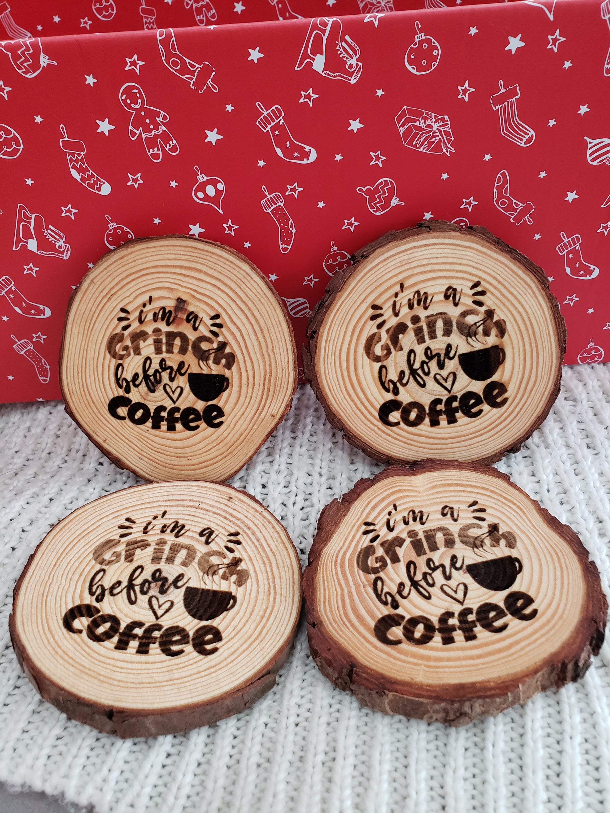 Pip Posh Design "I Am A Grinch Before Coffee" Decorative Wooden Coaster Holiday Collection Set of 4