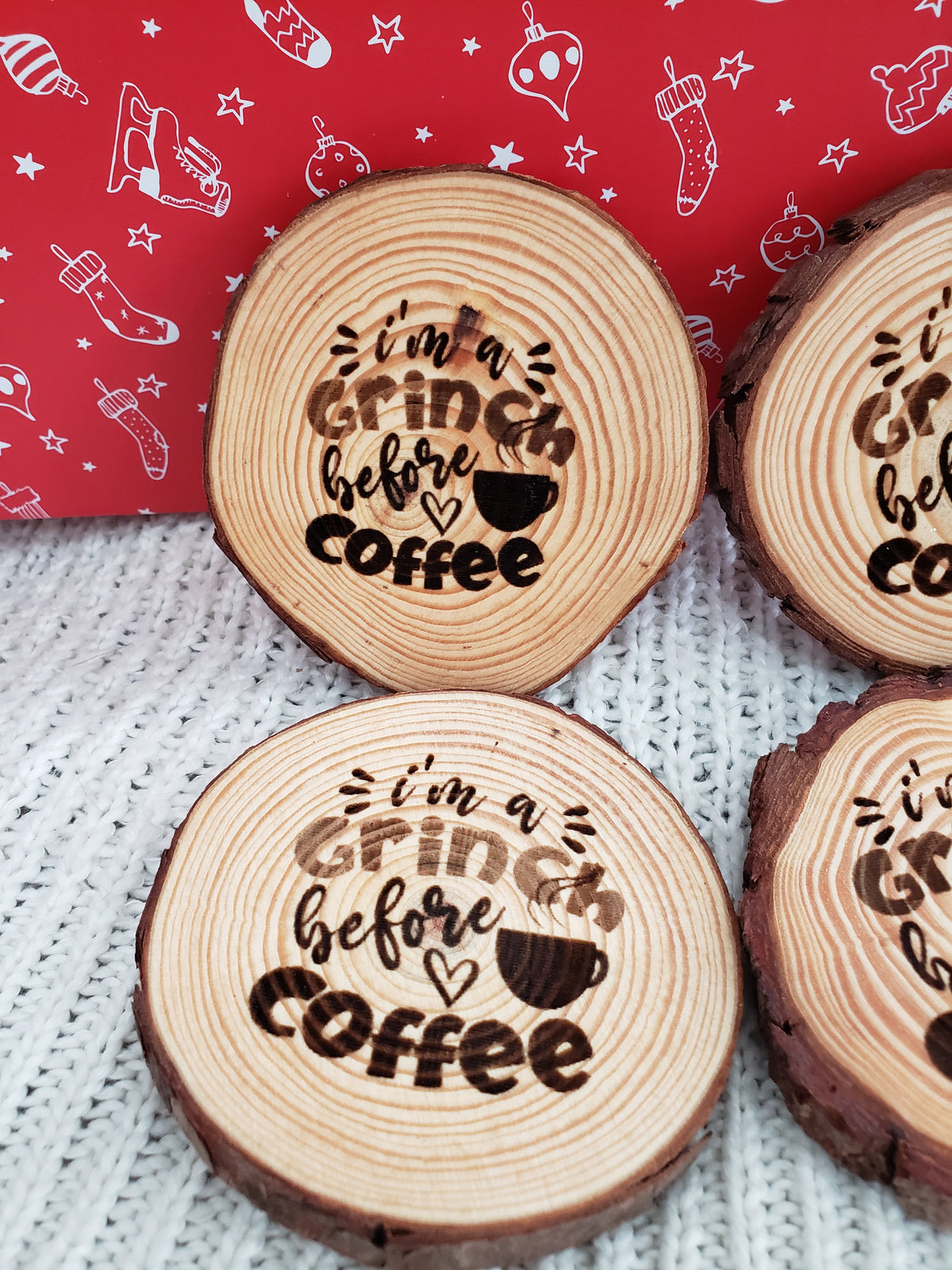 Pip Posh Design &quot;I Am A Grinch Before Coffee&quot; Decorative Wooden Coaster Holiday Collection Set of 4