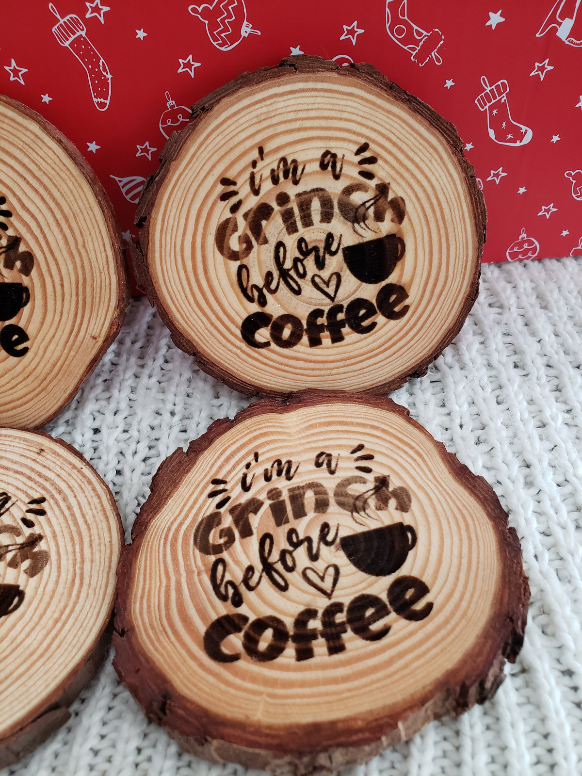 Pip Posh Design &quot;I Am A Grinch Before Coffee&quot; Decorative Wooden Coaster Holiday Collection Set of 4