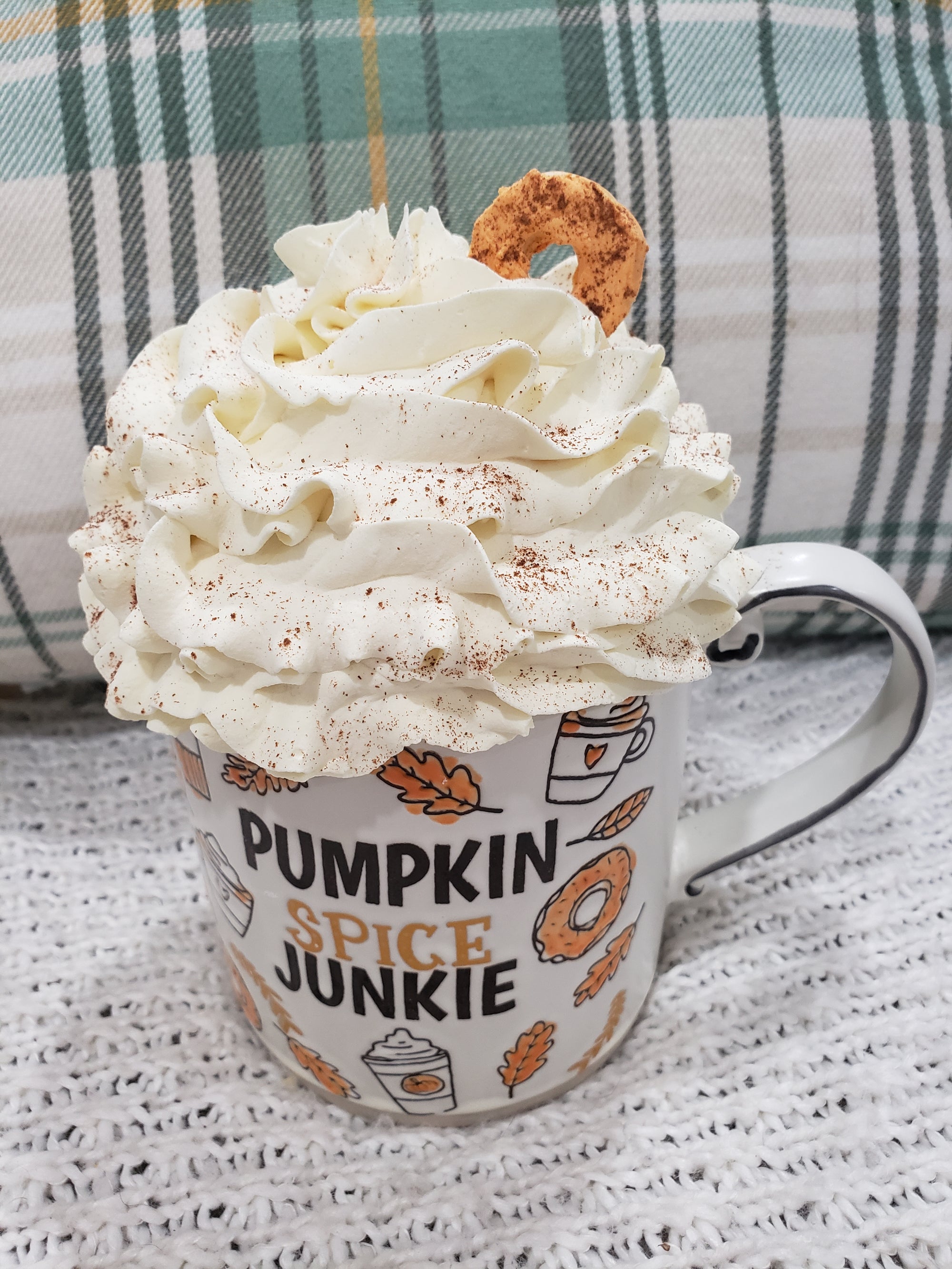 Pip Posh Design Faux Sweet Décor "Pumpkin Spice Junkie" Mug & Ivory Whipped Donut Topper Fall Collection