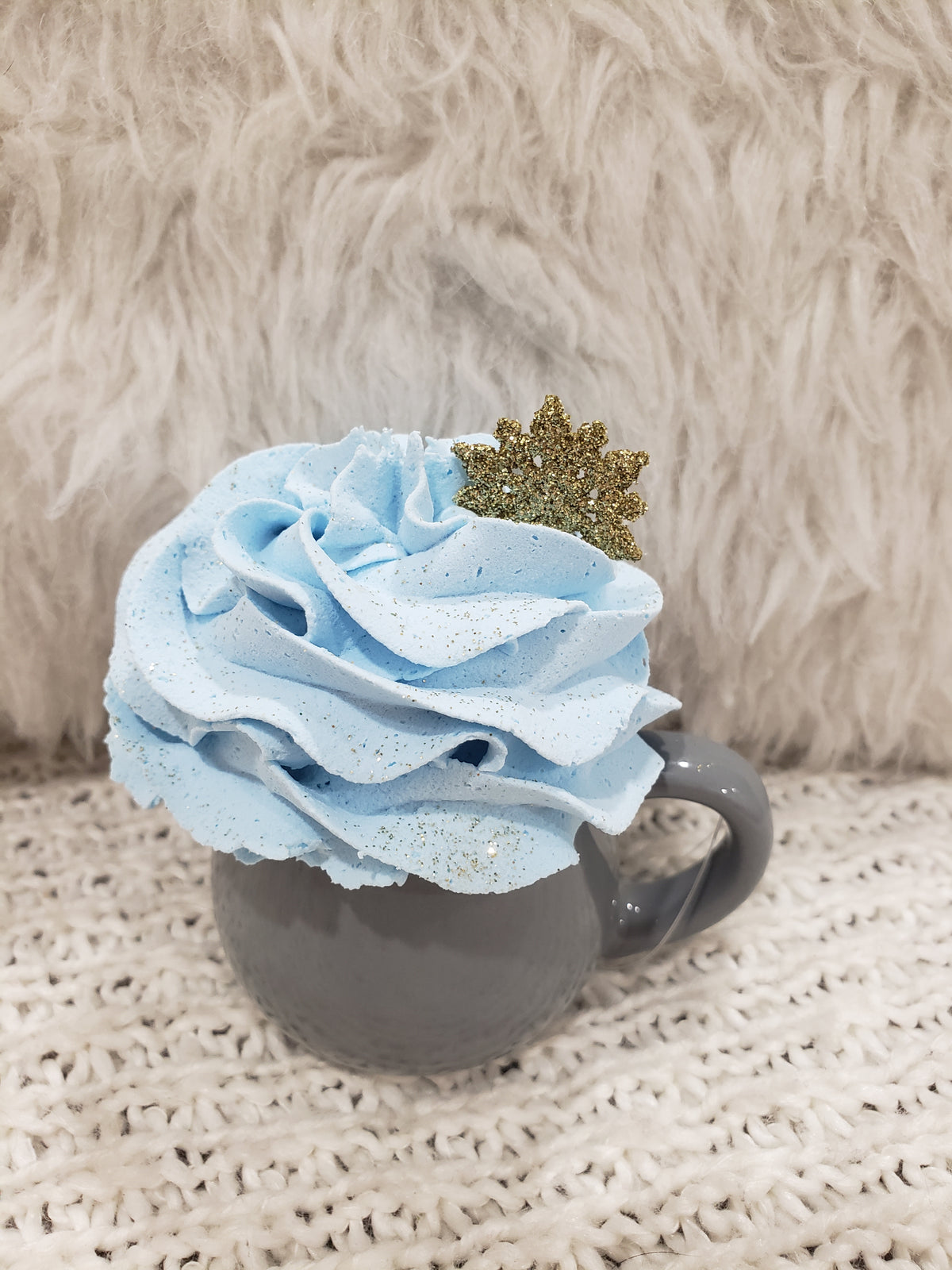 Pip Posh Design Faux Sweet Décor Gray Mini Mug &amp; Blue Golden Snowflake Whipped Topper Collection