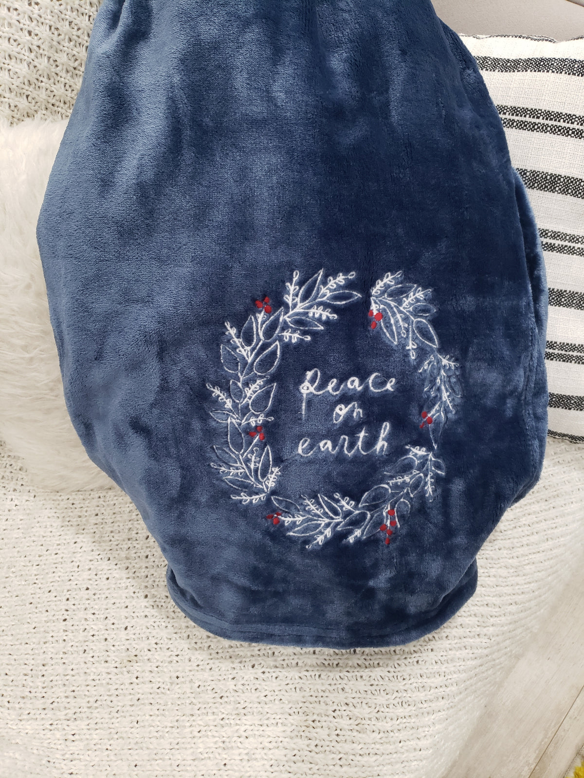 Rae Dunn &quot;Peace On Earth&quot; Navy Blue Plush Throw Blanket Holiday Collection