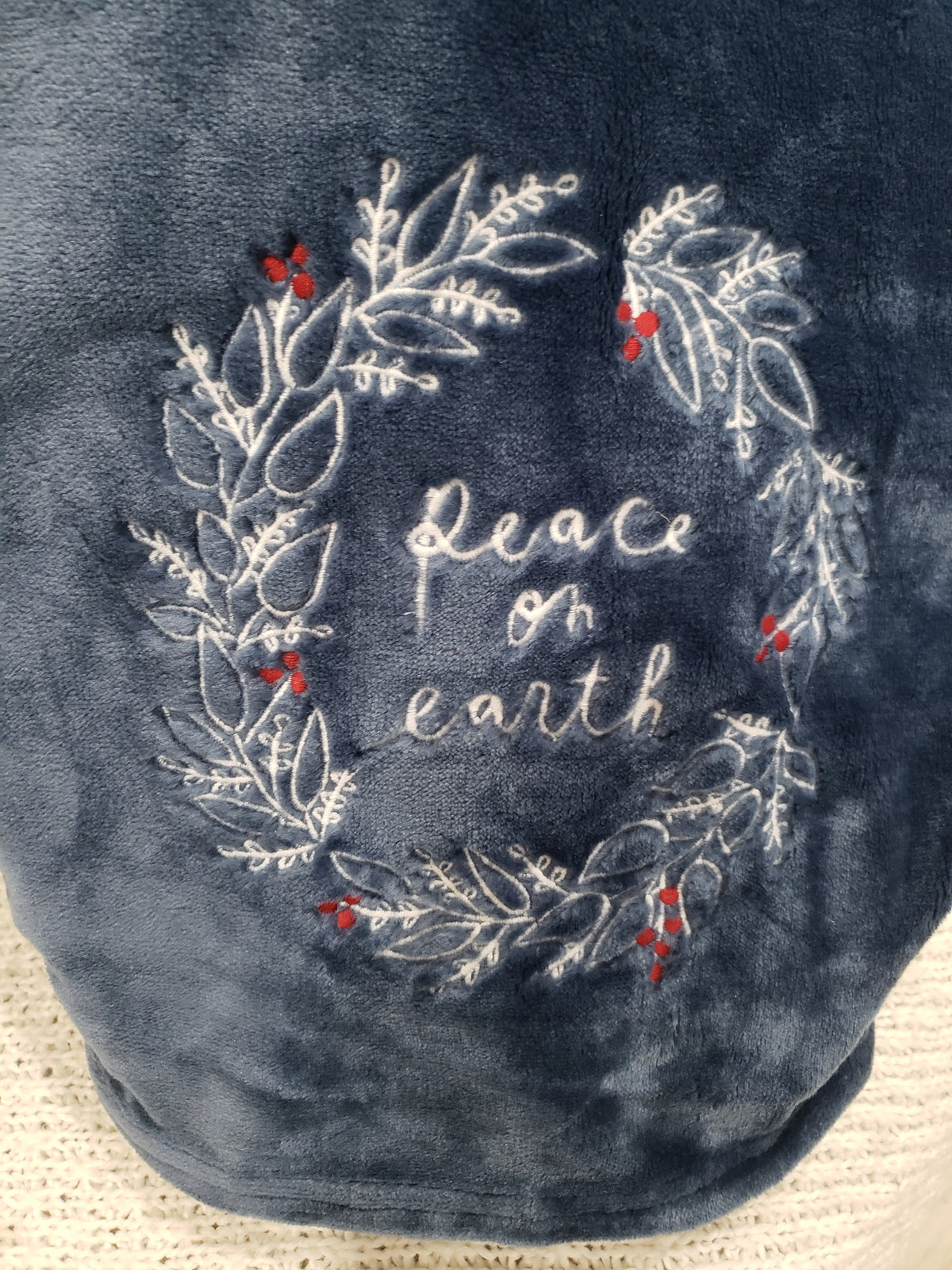 Rae Dunn &quot;Peace On Earth&quot; Navy Blue Plush Throw Blanket Holiday Collection