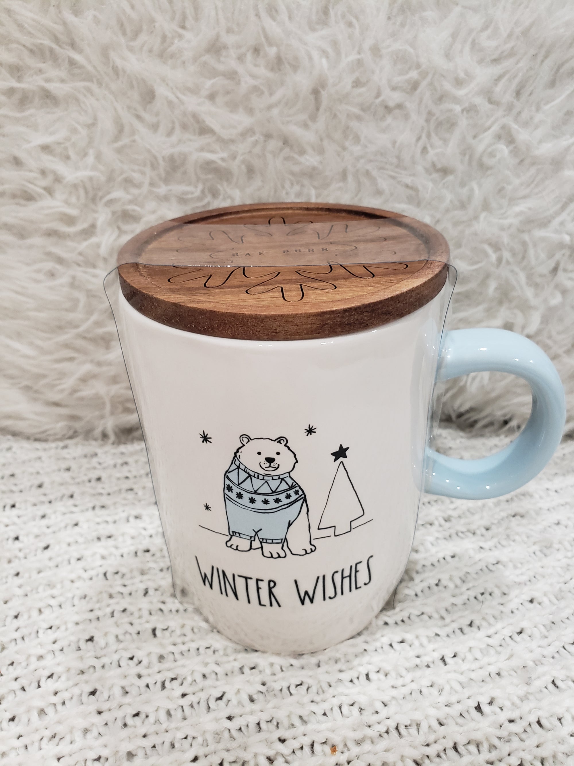 Rae Dunn "Winter Wishes" Polar Bear Mug & Wooden Lid Warmer Holiday Collection