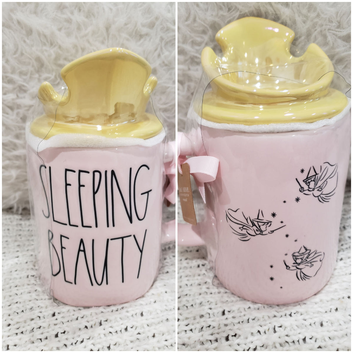 Rae Dunn &quot;Sleeping Beauty&quot; 3 Fairies Pink Double Sided Mug &amp; Crown Topper Disney&#39;s Princess Collection