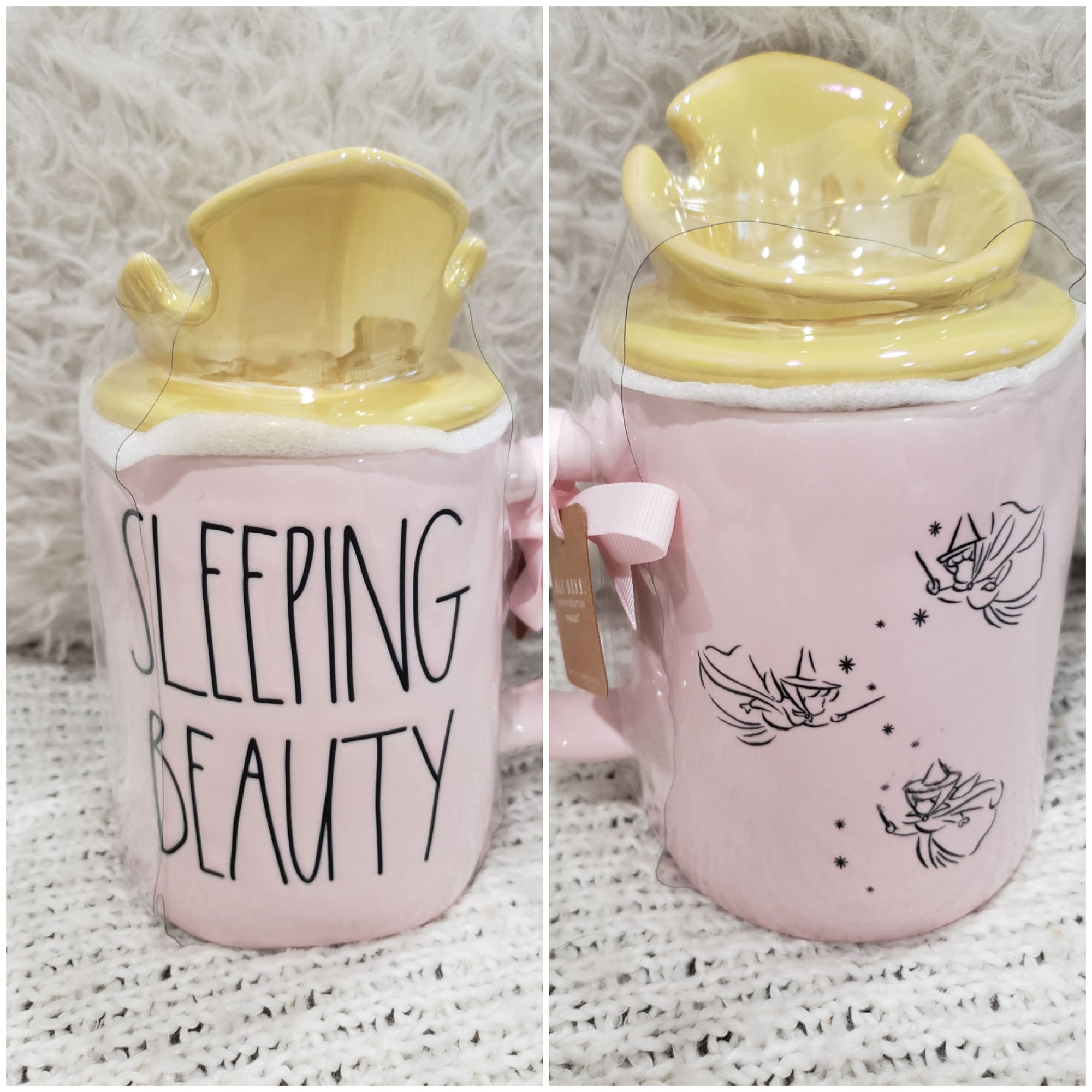 Rae Dunn "Sleeping Beauty" 3 Fairies Pink Double Sided Mug & Crown Topper Disney's Princess Collection