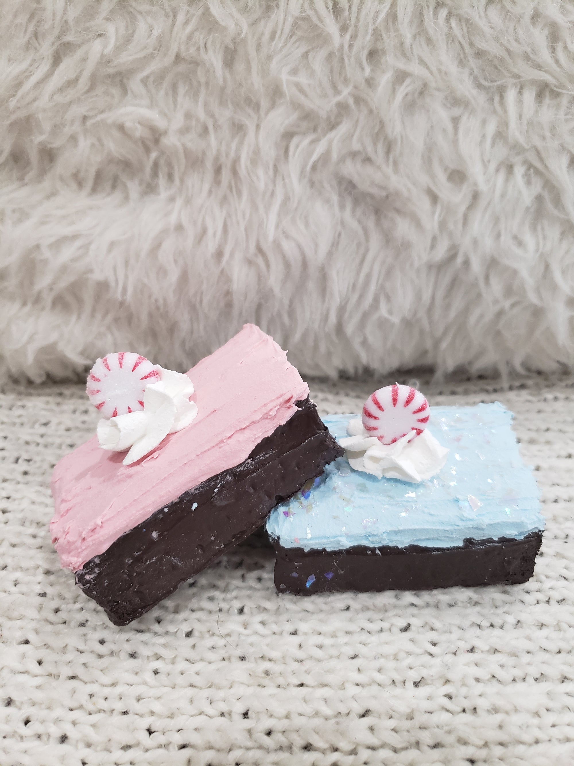 Pip Posh Design Faux Sweet Décor  Faux Peppermint Pink & Blue Frosted Faux Brownies Holiday Collection