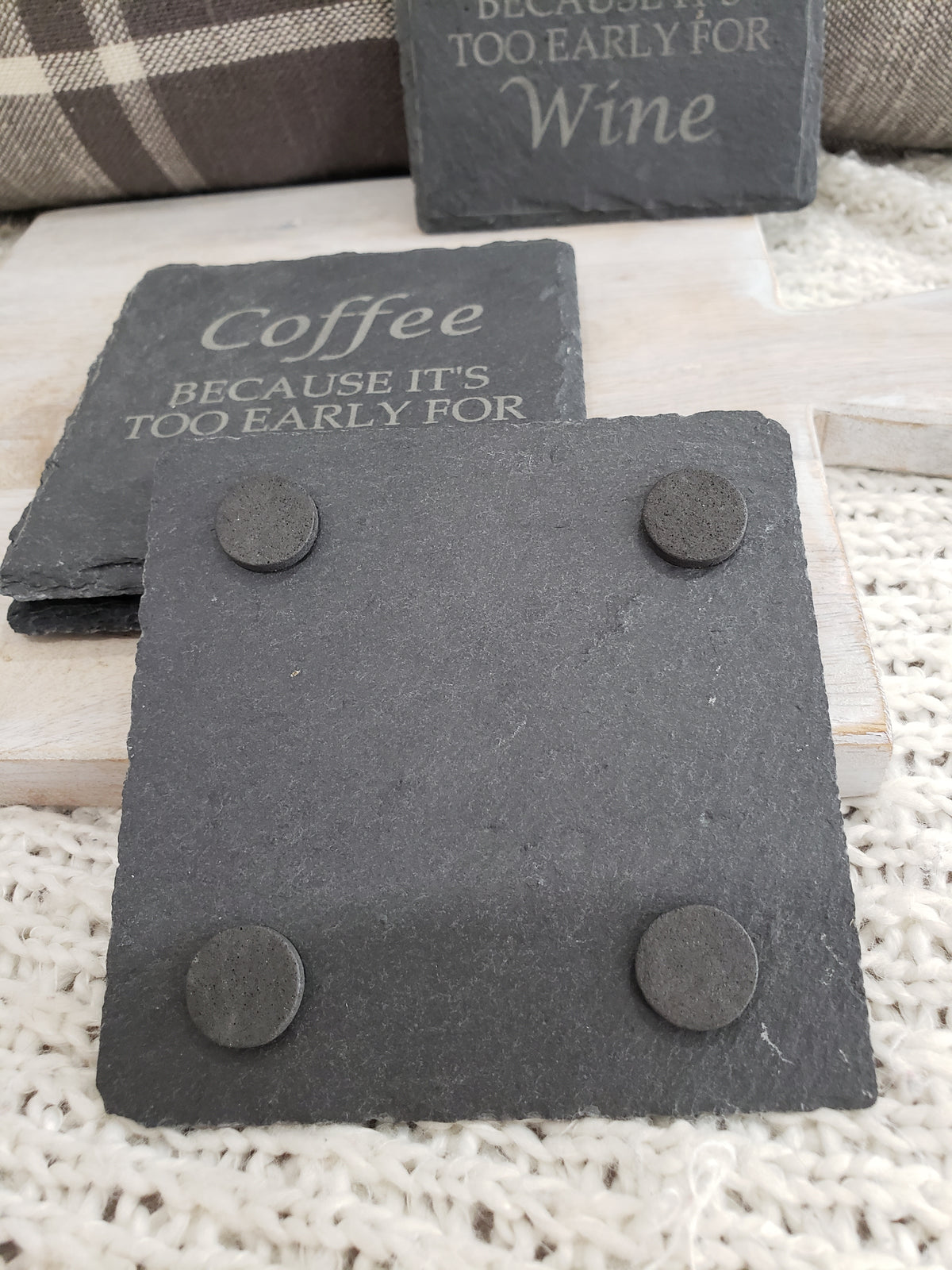Pip Posh Design &quot;Coffee Because Its Too Early For Wine&quot; Gray Stone Coasters Set of 4