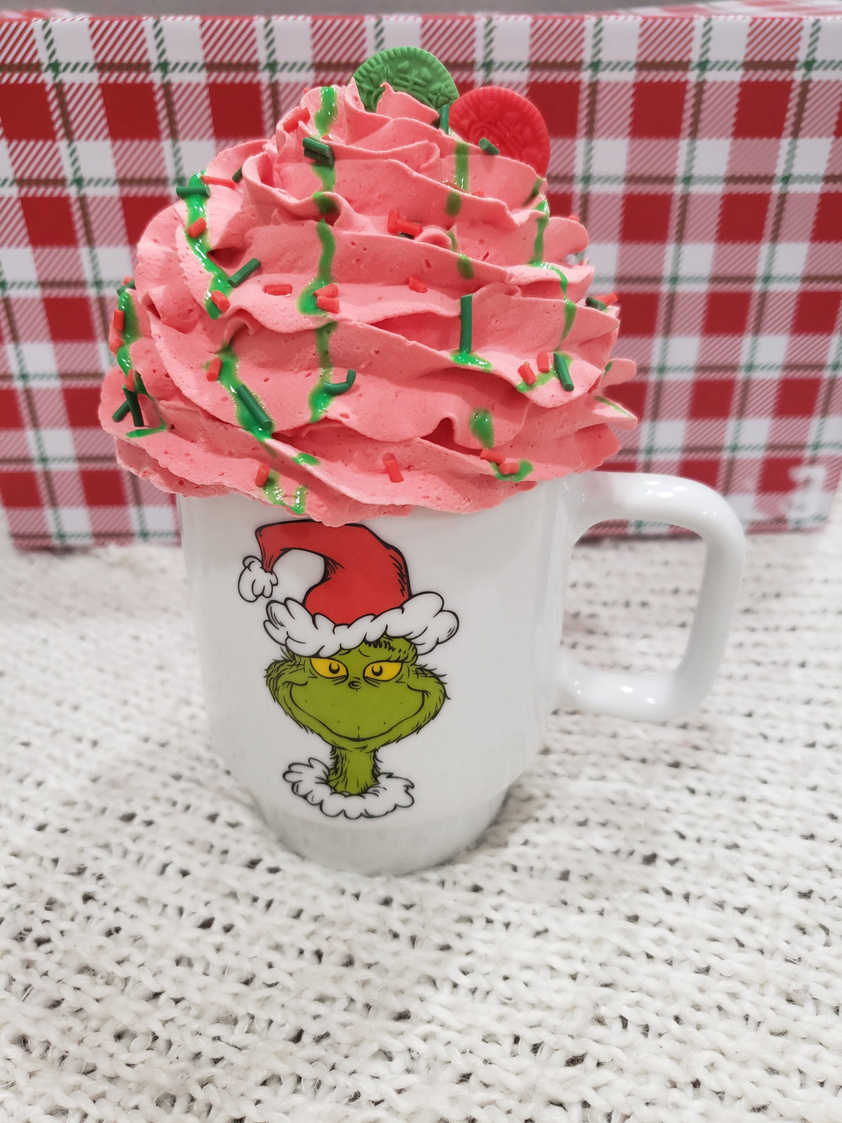 Pip Posh Design Faux Sweet Décor &quot;Nasty, Wasty, Skunk&quot; Grinch Double Sided Mug &amp; Red Whipped Topper Holiday Collection