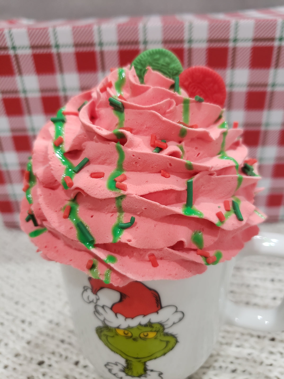 Pip Posh Design Faux Sweet Décor &quot;Nasty, Wasty, Skunk&quot; Grinch Double Sided Mug &amp; Red Whipped Topper Holiday Collection