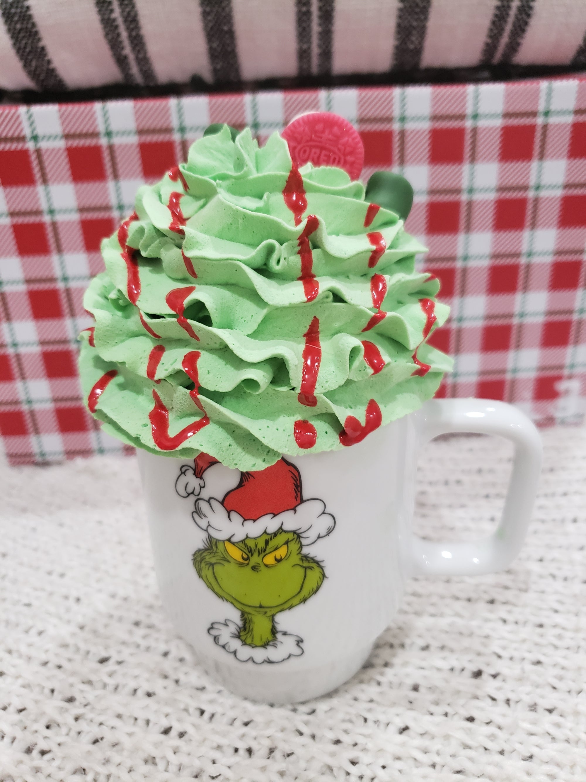 Pip Posh Design Faux Sweet Décor "Feelin Grinchy Double Sided Mug & Green Whipped Topper Holiday Collection