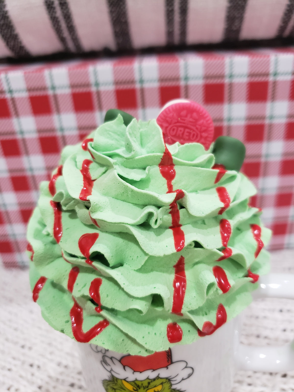 Pip Posh Design Faux Sweet Décor &quot;Feelin Grinchy Double Sided Mug &amp; Green Whipped Topper Holiday Collection